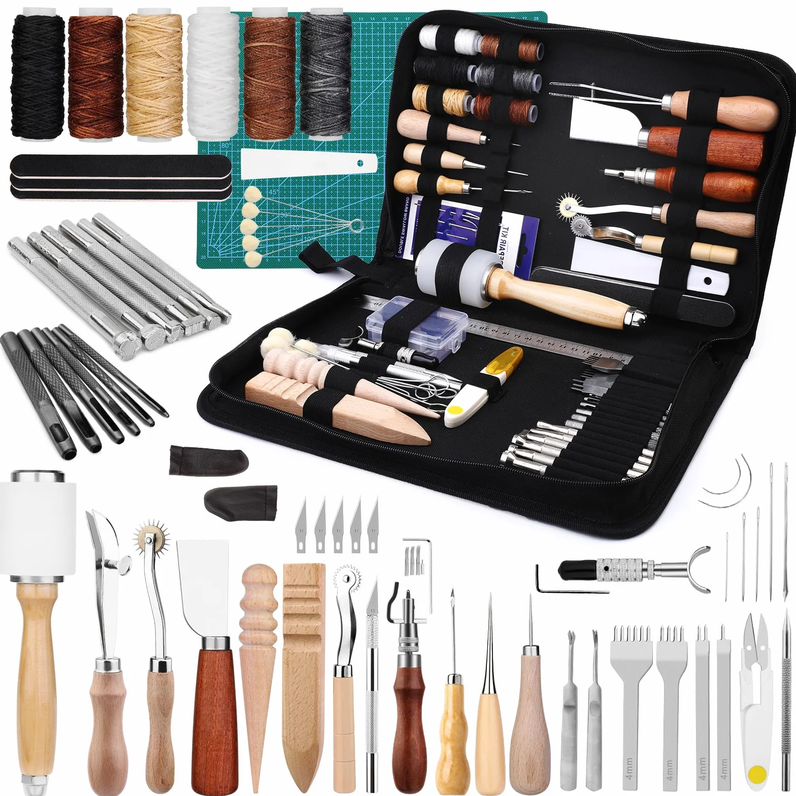 Kuppt Kit de herramientas de cuero, kit de costura de herramientas para trabajo de cuero | Herramientas de Cuero Incluyendo Herramientas de Punzonado, Herramientas de Escultura para Cortar, Punzonar, Coser, Estampado