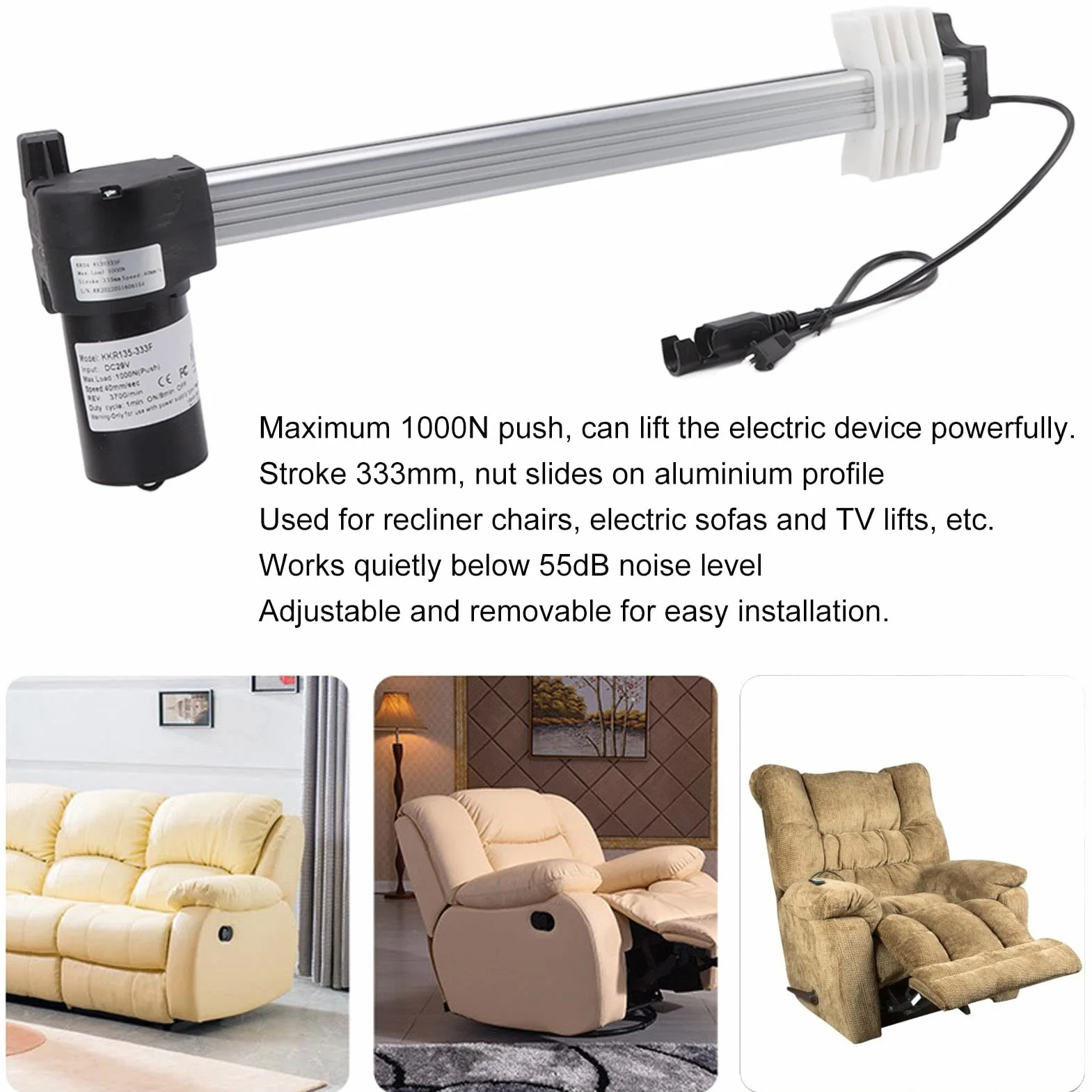 Actuador de motor de sofá reclinable eléctrico, 333 mm, protección IPX4, DC29V, para sofás eléctricos, sillas elevadoras
