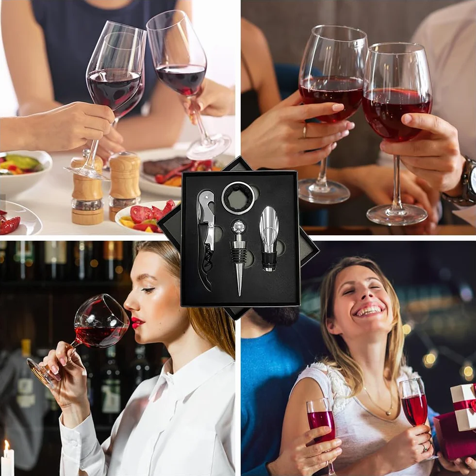 Set Sacacorchos 4 en 1, Kit Accesorios Vino con Abrebotellas y Tapón