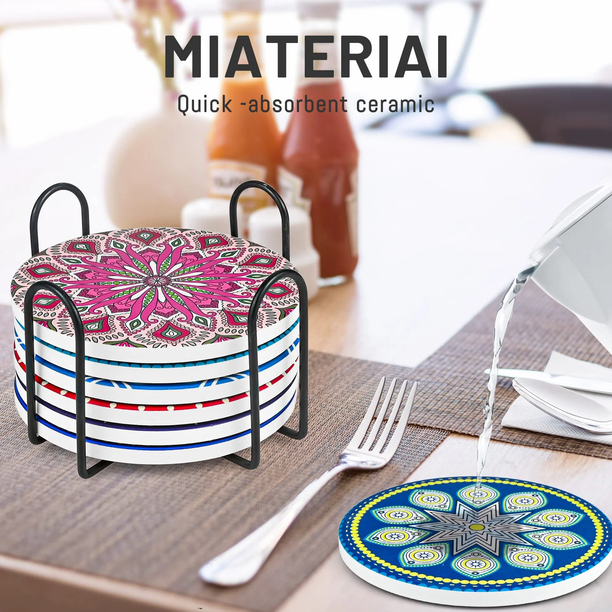 Mandala Juego 8 Posavasos Cerámica Redondos 4 Pulgadas Soporte Bebidas Absorbente Base Corcho Antideslizante