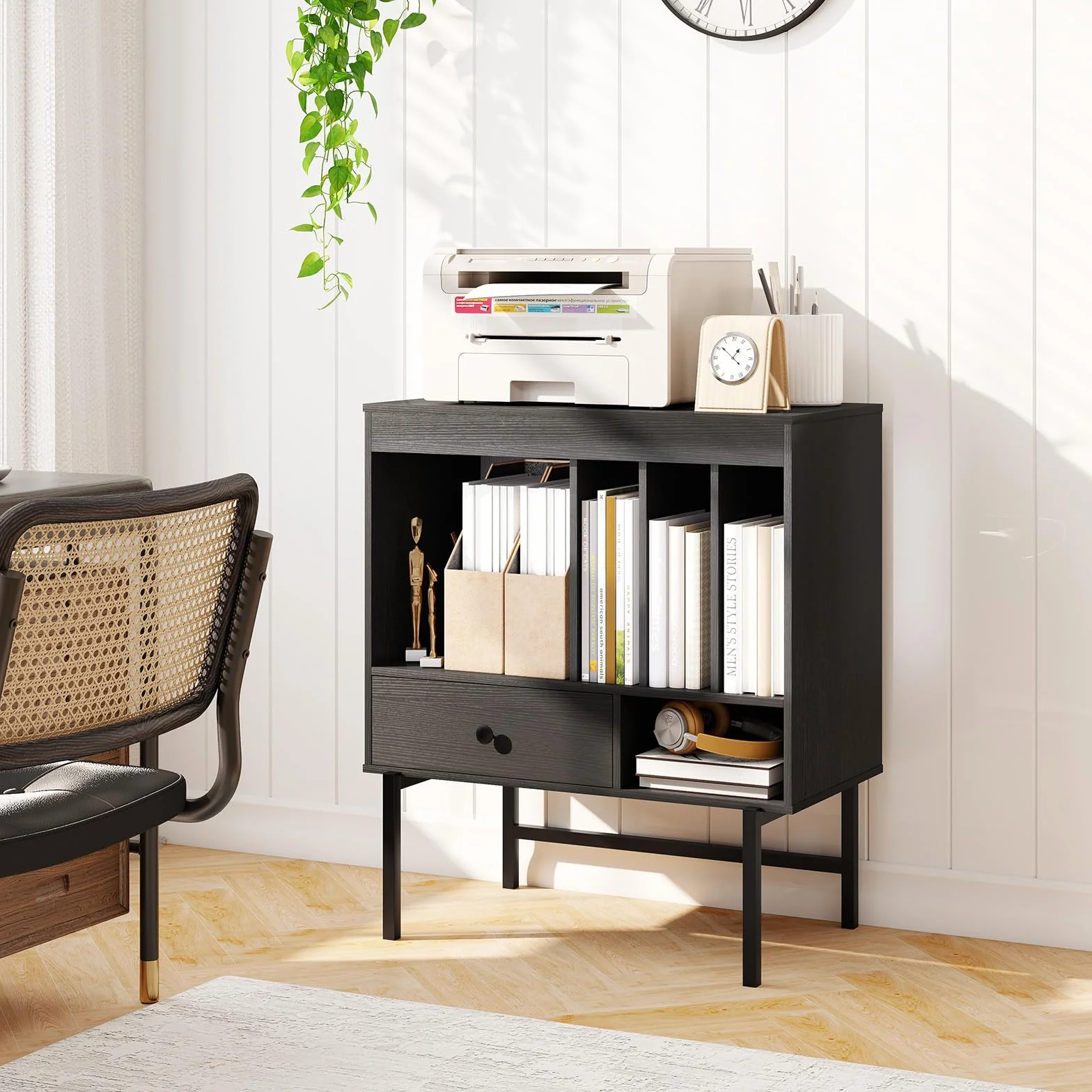 KOMFOTTEU Soporte para Tocadiscos, Mueble para Discos de Vinilo con Cajón y Compartimentos Abiertos, Negro
