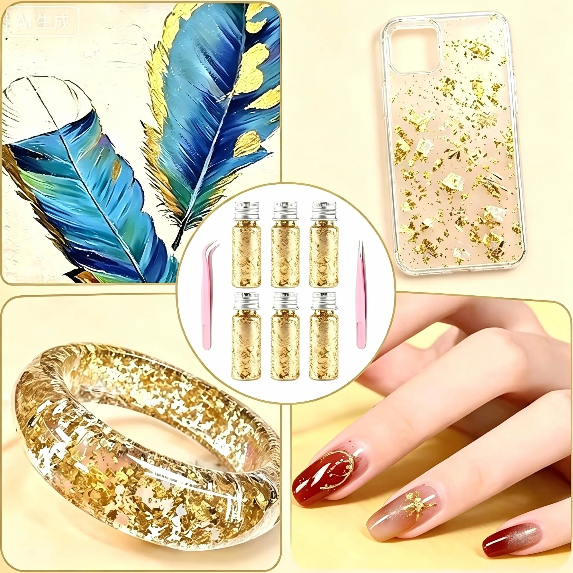 6 Botellas Copos de Lámina de Oro, Hojas de Pan de Oro Decorativo para Embotellado y Manicura