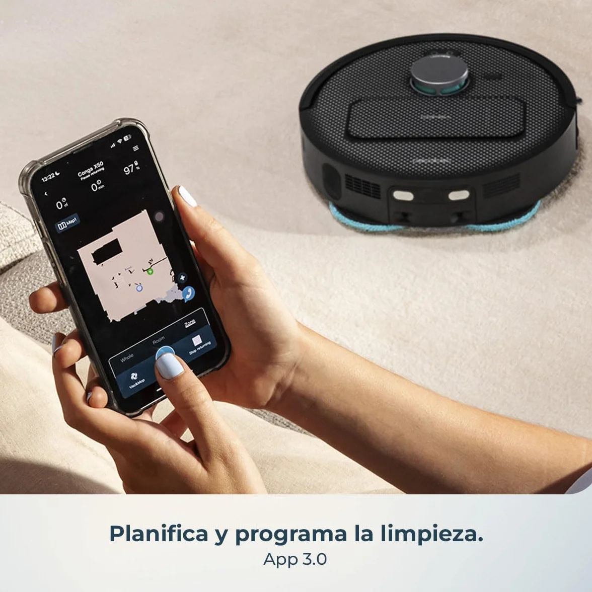 Cecotec Robot Aspirador y Friegasuelos con Base de Autovaciado y App Conga X50 X-Treme. Navegación Láser, Mapeo Interactivo, 15000Pa, Autonomía 240mins, Mopas Elevables, Base con 3 Depósitos
