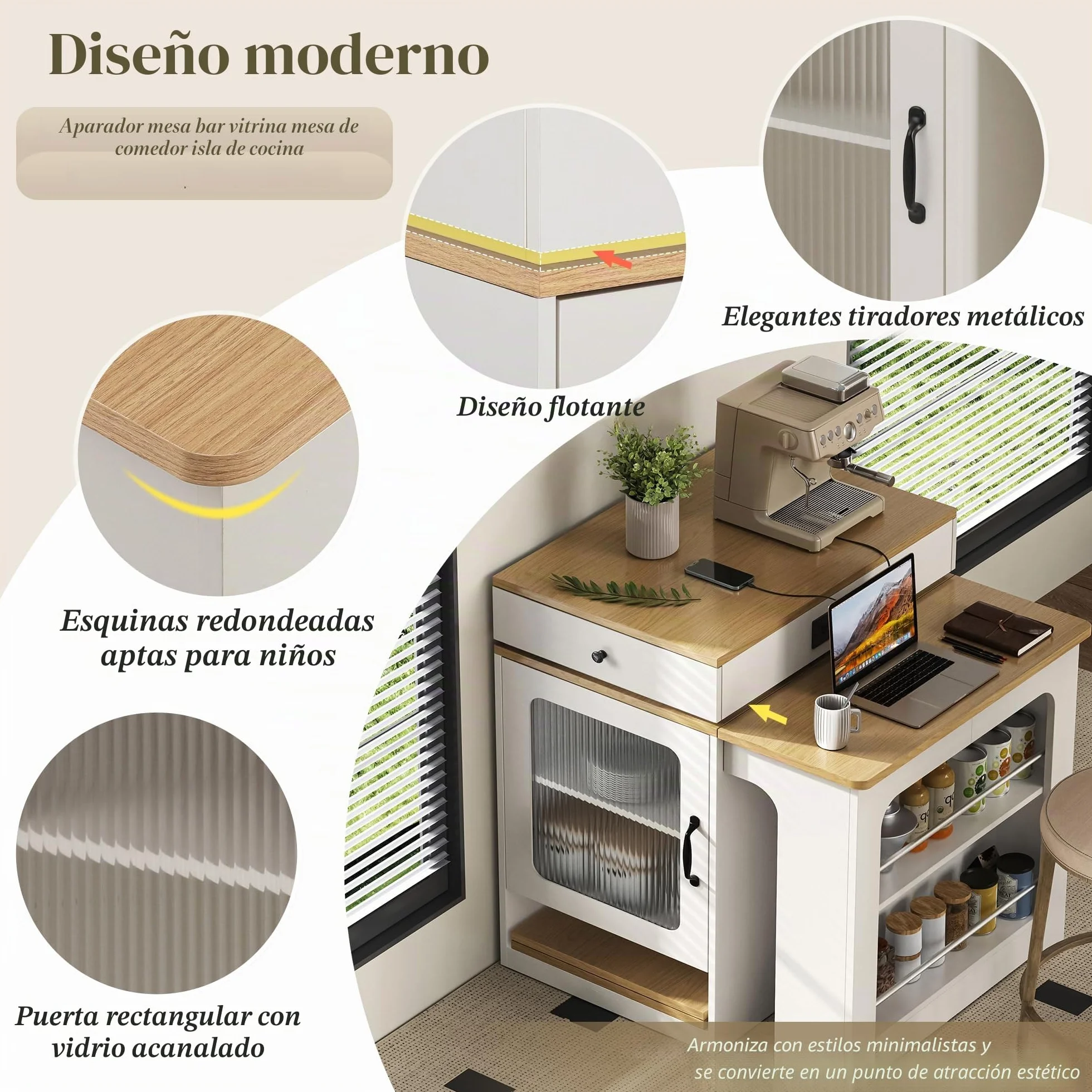 Bladez Isla de cocina con ruedas, mesa de comedor extensible con tapa extraíble, mesa de bar con regletas y espacio de almacenamiento, aparador con puertas de cristal para cocina y comedor (blanco-A)
