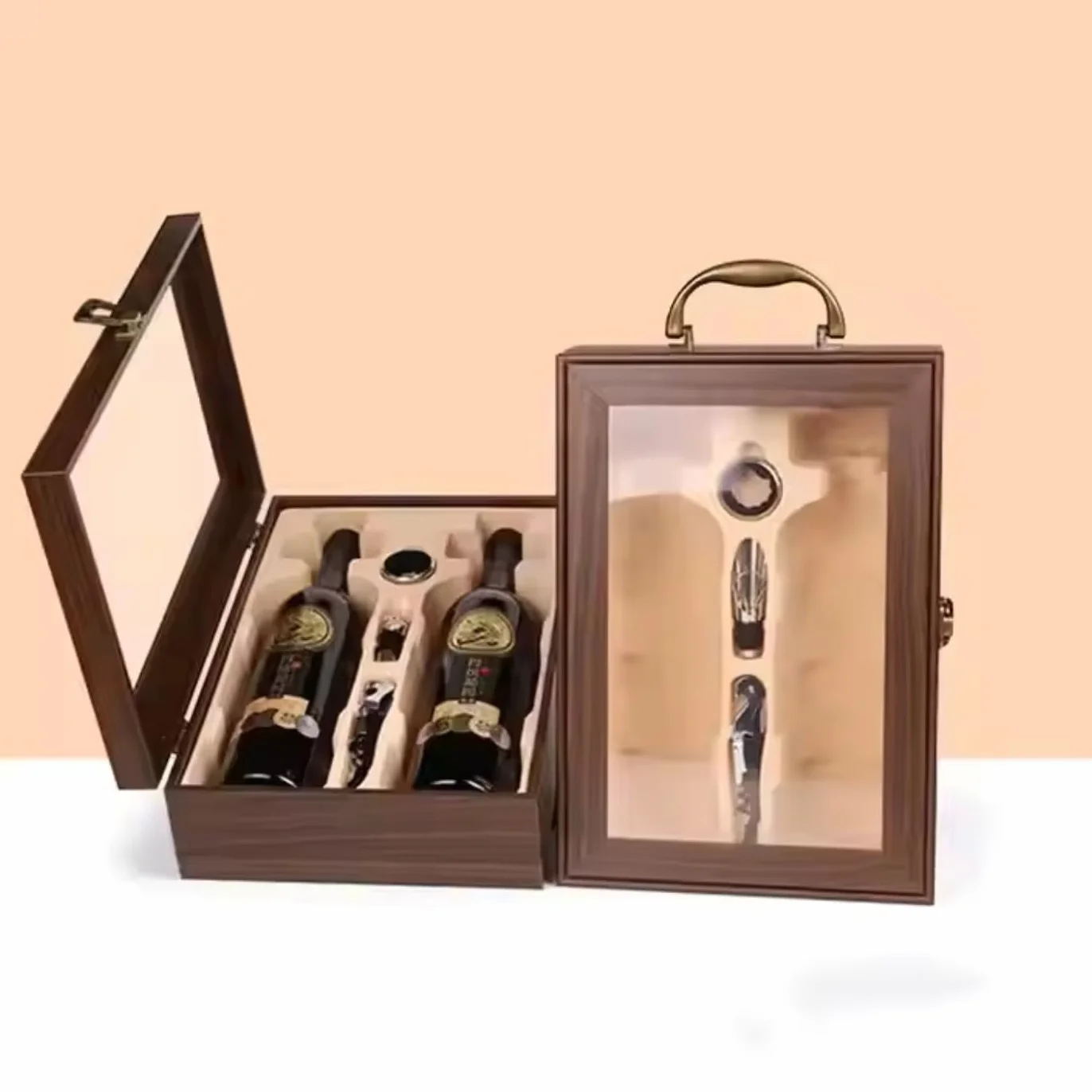 Caja de regalo para botella de vino, caja de exhibición de lujo para almacenamiento de vino, champán o whisky con herramientas, tornillo de corcho, vertedor, servilleta/anillo de goteo, vino