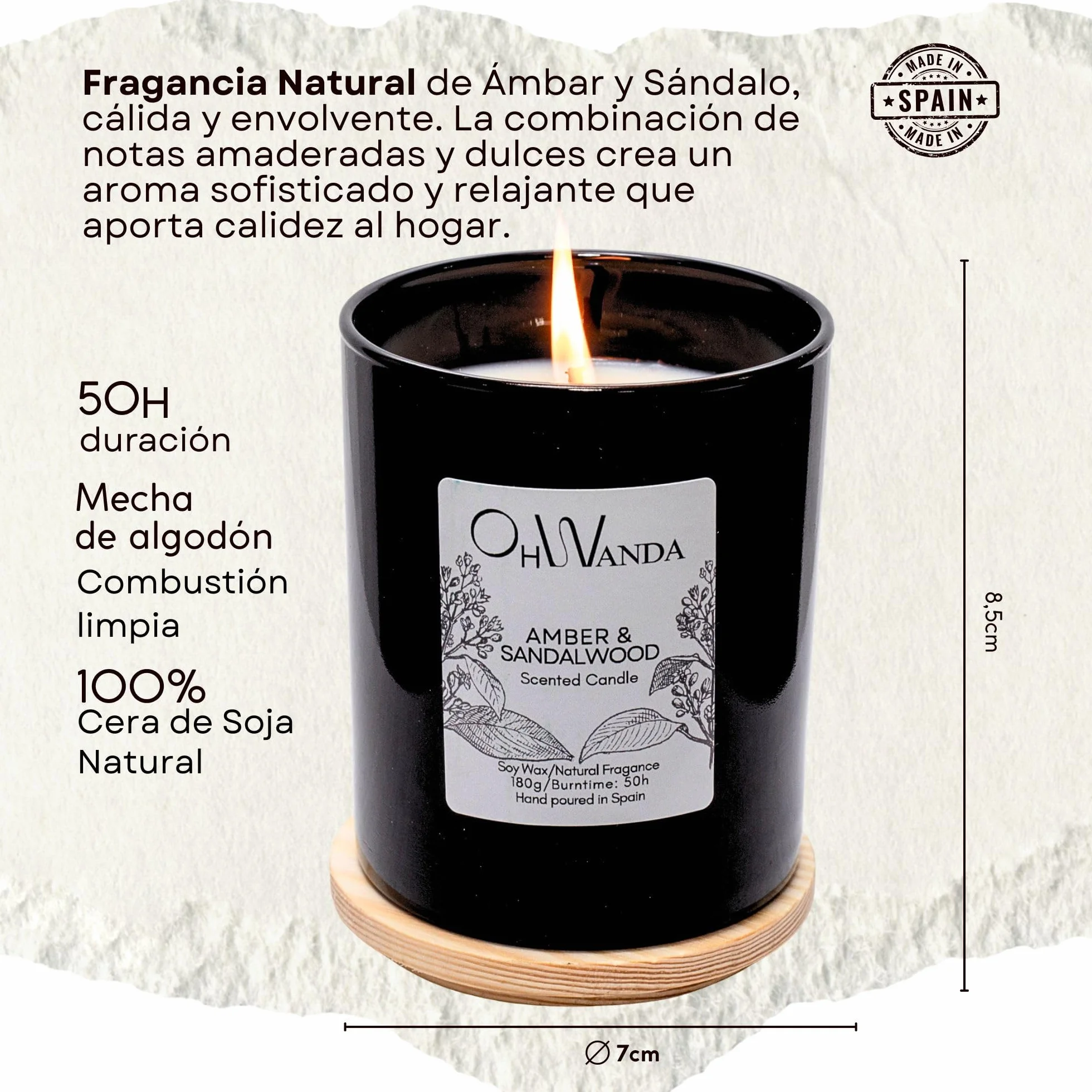 Velas Aromáticas Perfumada Ámbar Sándalo, Fragancia Larga Duración 50h, Cera Soja Natural 180g para tu Hogar sin Tóxicos, Aromaterapia Relajante, Regalo hombre, Hecha en España