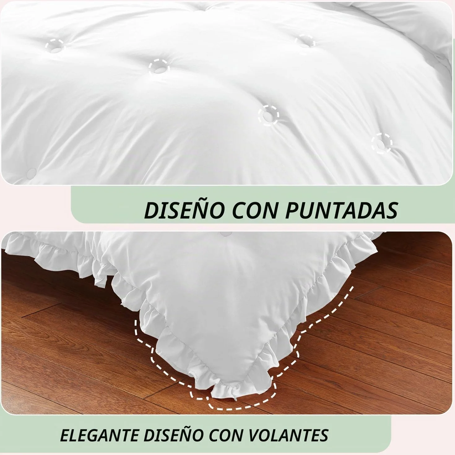 HARBOREST - Edredón matrimonial con volantes blancos para cama de tamaño matrimonial, juego de edredón esponjoso para todas las estaciones, juego de cama de 3 piezas Shabby Chic (1 edredón y 2 fundas