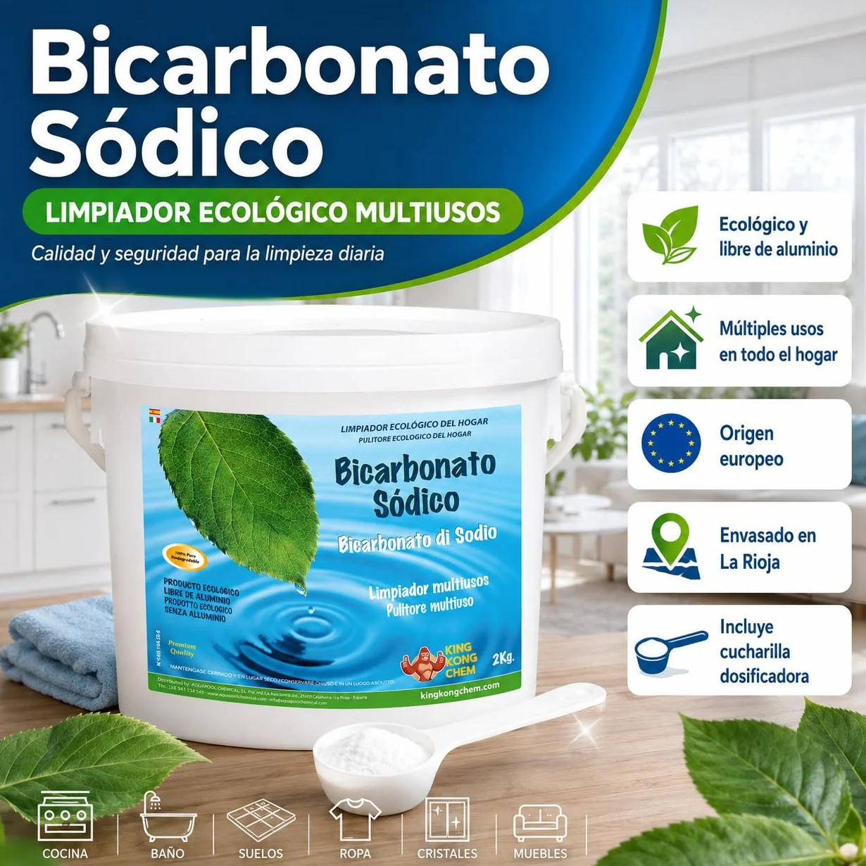 Bicarbonato de Sodio 2 kg - Limpiador Ecológico Hogar con Cucharilla Dosificadora