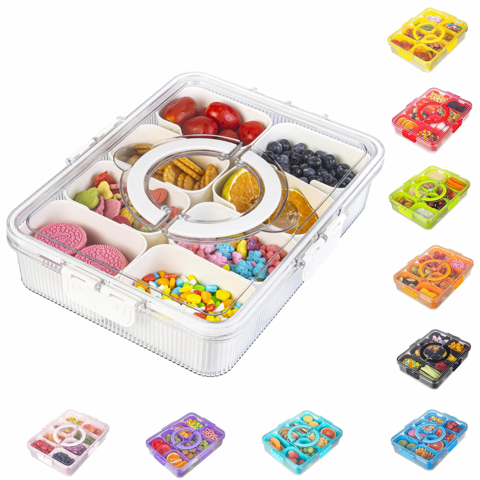 Patent Design - Caja de aperitivos acanalada, bandeja dividida para servir con tapa y asa, 8 divisores, portátil, para viajes, playa, charcutería, verduras, frutas, dulces, 1 paquete