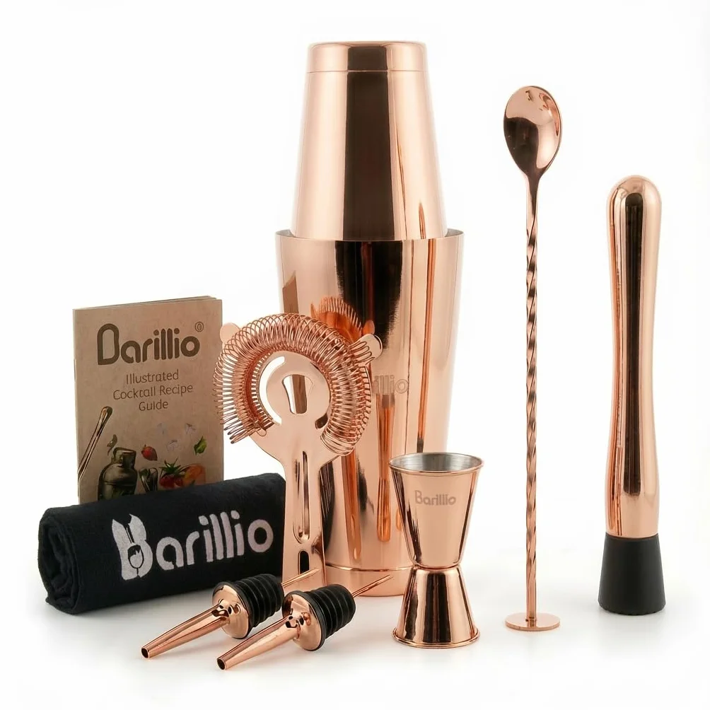 Barillio Juego de coctelera Boston de oro rosa, acero inoxidable, juego de coctelera con peso Martini con colador y mezclador, kit de barman de mixología, juego de bar para el hogar, juego de