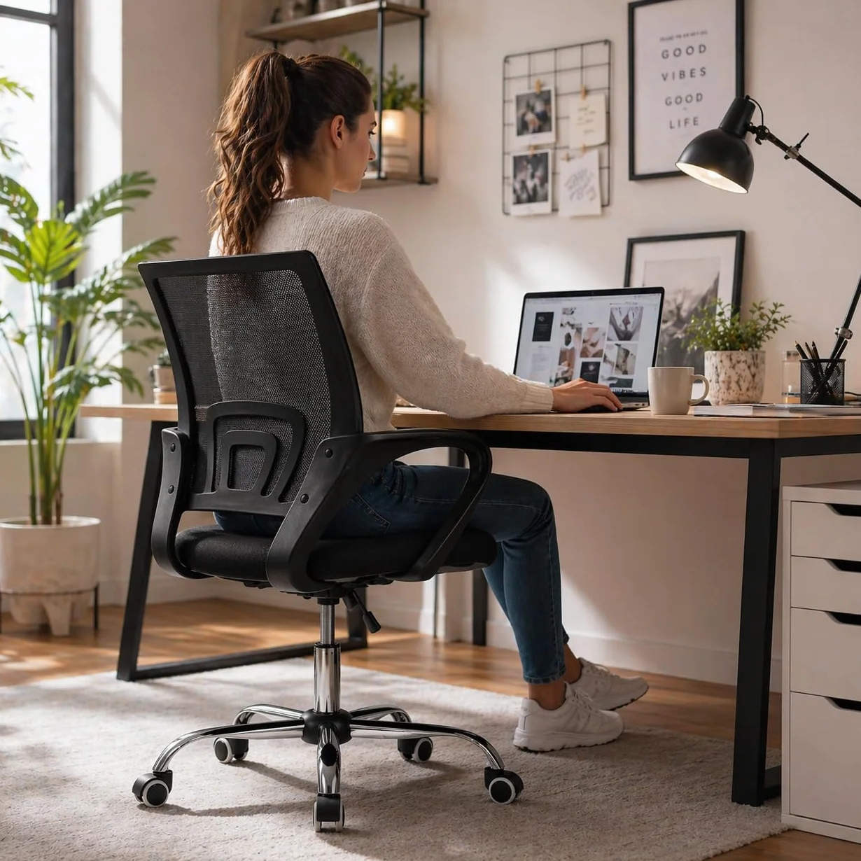 Silla de Oficina Ergonómica con Ruedas y Respaldo Transpirable Altura Regulable Soporte Lumbar