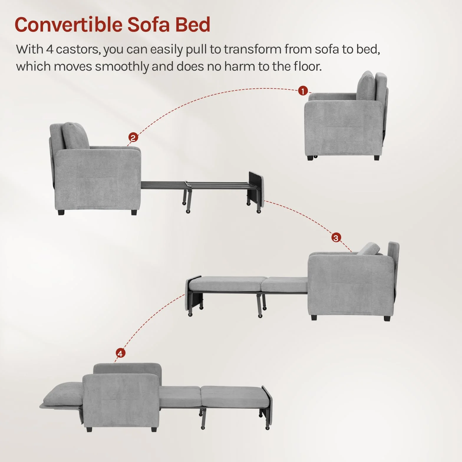WOLTU Sofá Cama 3 en 1 con Función Inclinable, Sofa Cama Individual de 1 Plaza, Sillón Plegable de Tejido de Rizo y Acolchado de Esponja, Gris Claro