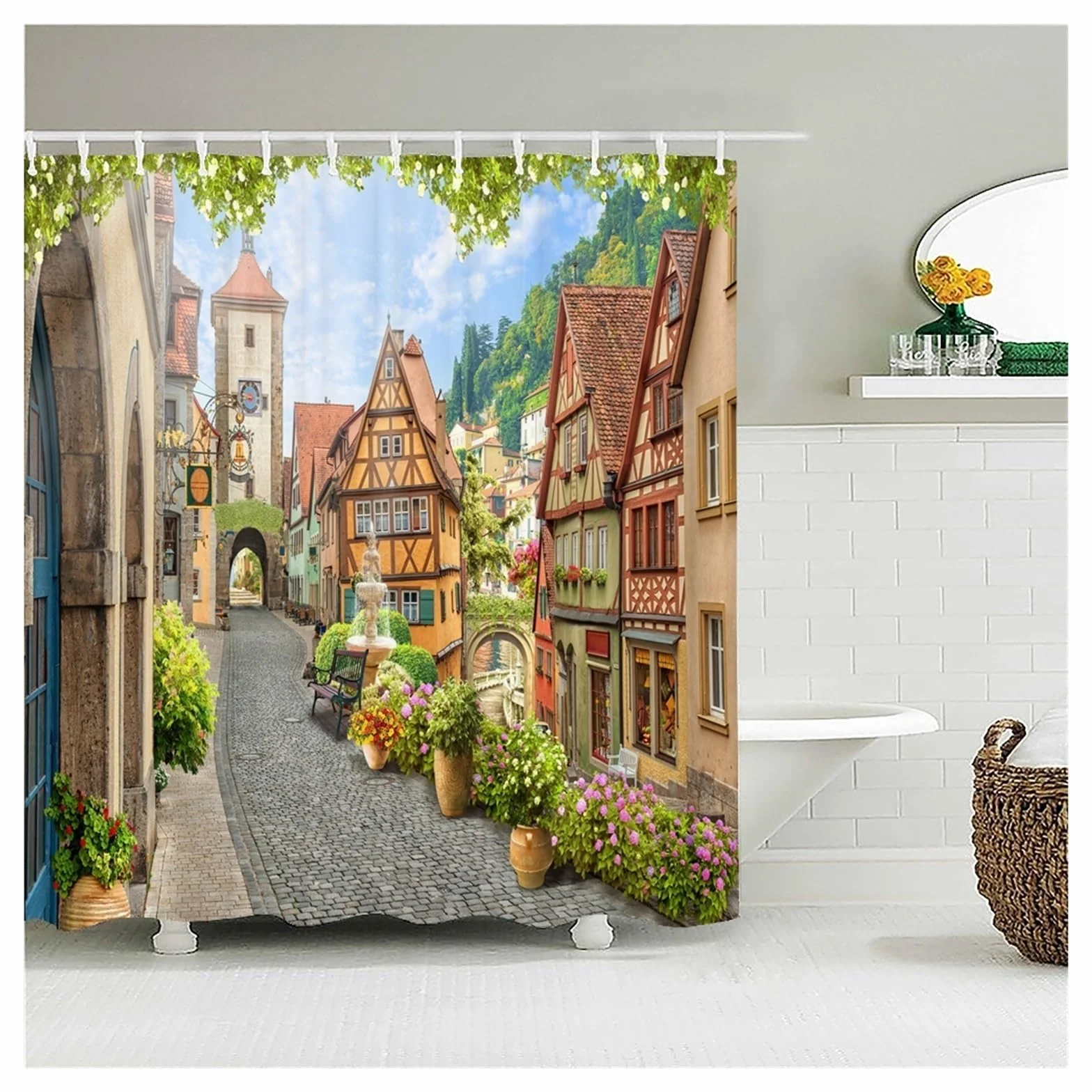 Cortina De Ducha Cortinas de Ducha Impermeables con Paisaje de Flores, Cortinas de baño de Flores de Calle Rural, Tela de poliéster, decoración Lavable, Cortinas de baño(7476ZW,W300xH180cm)