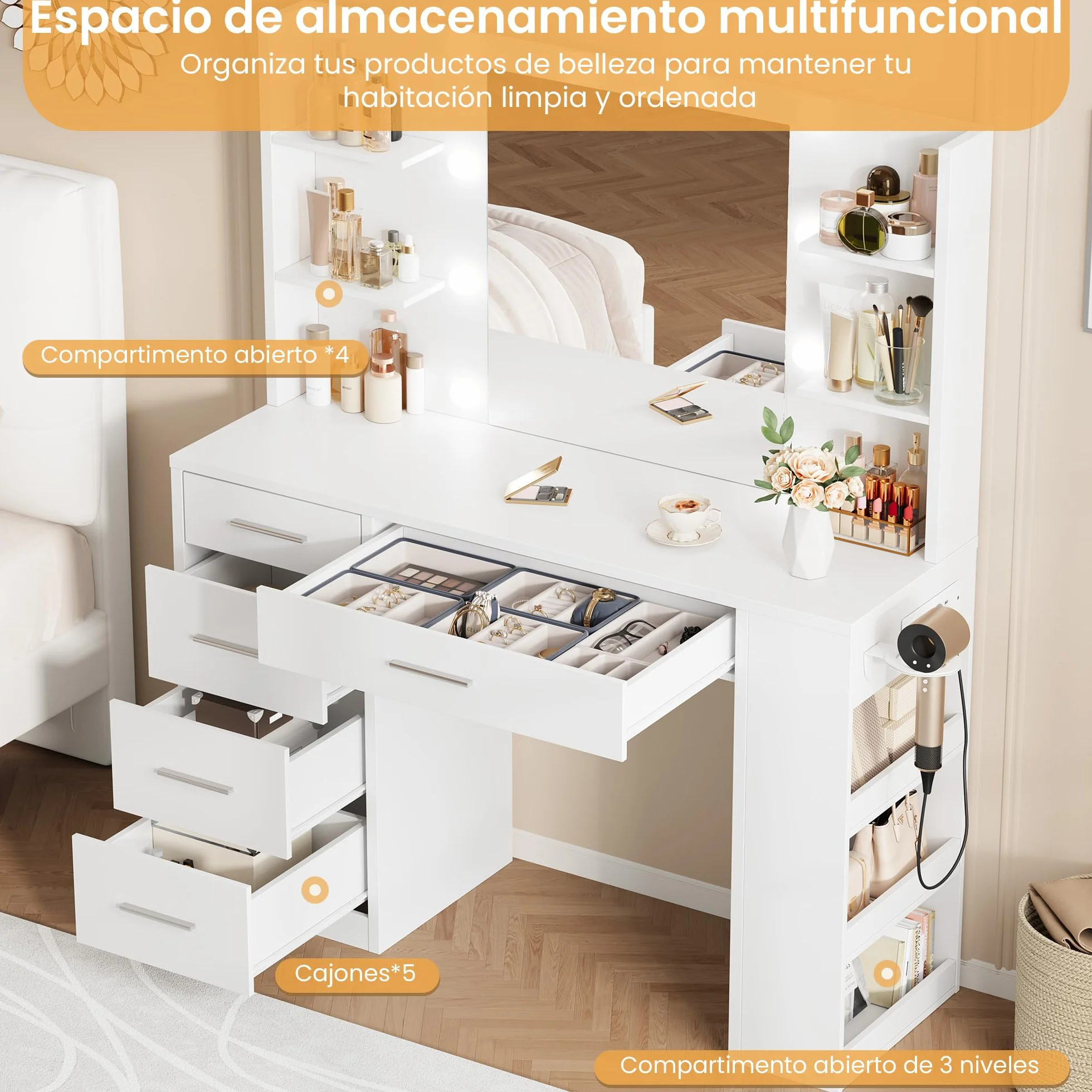 Tocador con Espejo y 10 Luces LED, 3 Estantes, 4 Compartimentos, 5 Cajones, 3 Luces Ajustables, Blanco