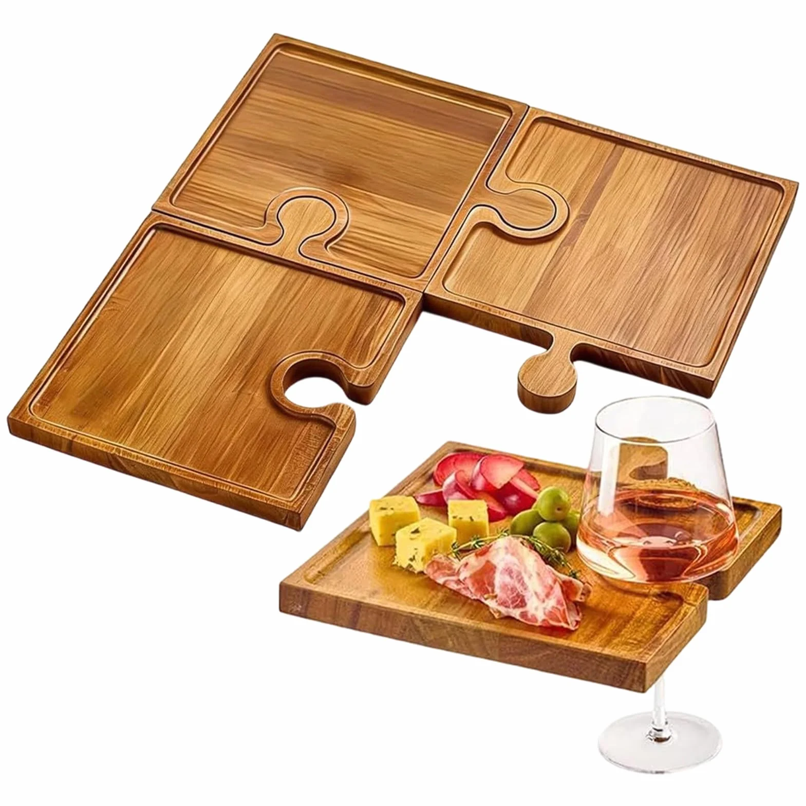 Tablas de Madera para Charcutería Bandeja De Servir En Madera Con 4 Piezas | Fuente Con Forma De Puzzle Para Charcutería Para Cocina Boda Vacaciones Aperitivo Comida Familia Anfi