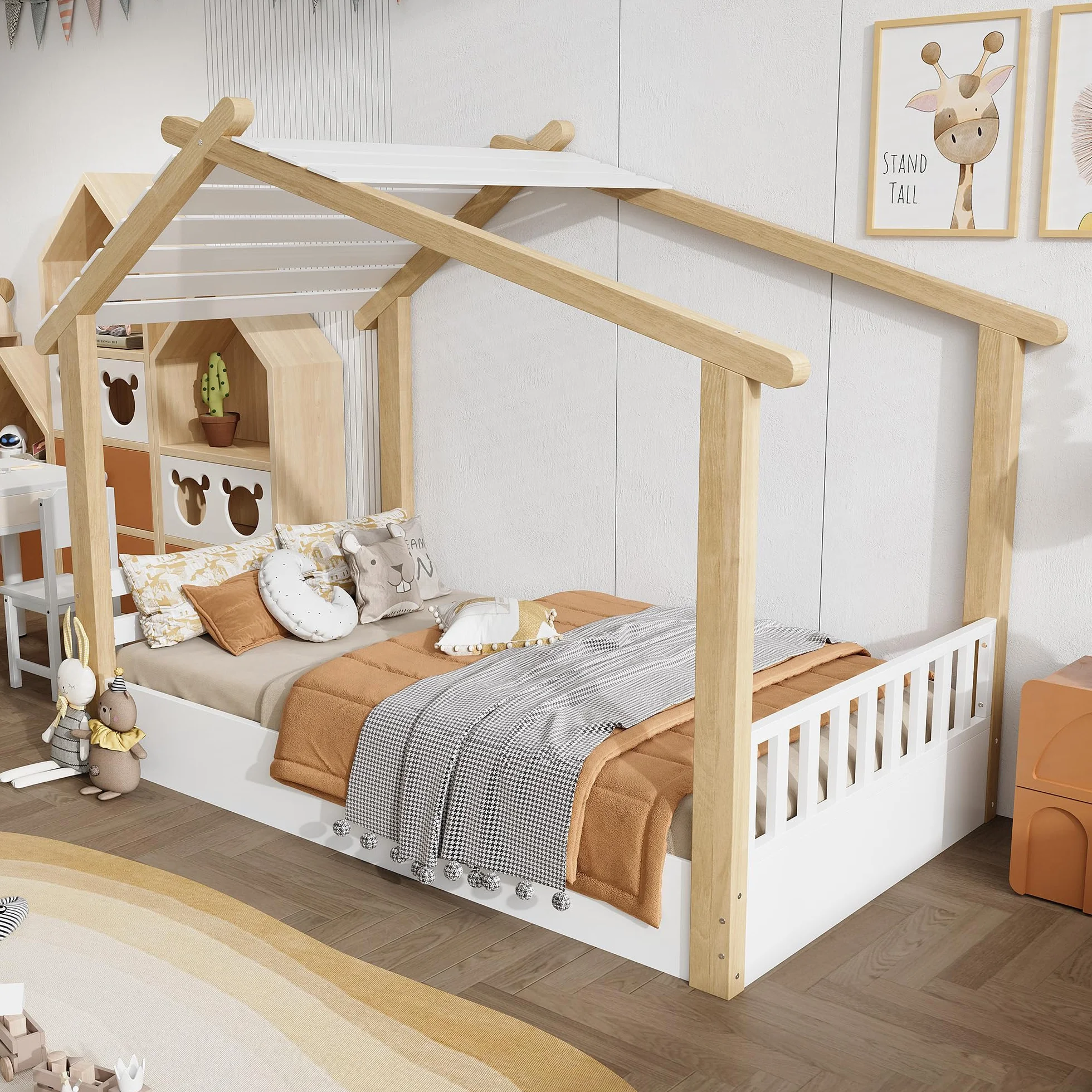 Cama Infantil 90x190 cm, Cama de Casa con Techo, Cama Nido para niños y niñas, Cama de Madera con Valla, Cama Familiar Individual con Protección Anticaídas y Somier, Blanco, Sin Colchón