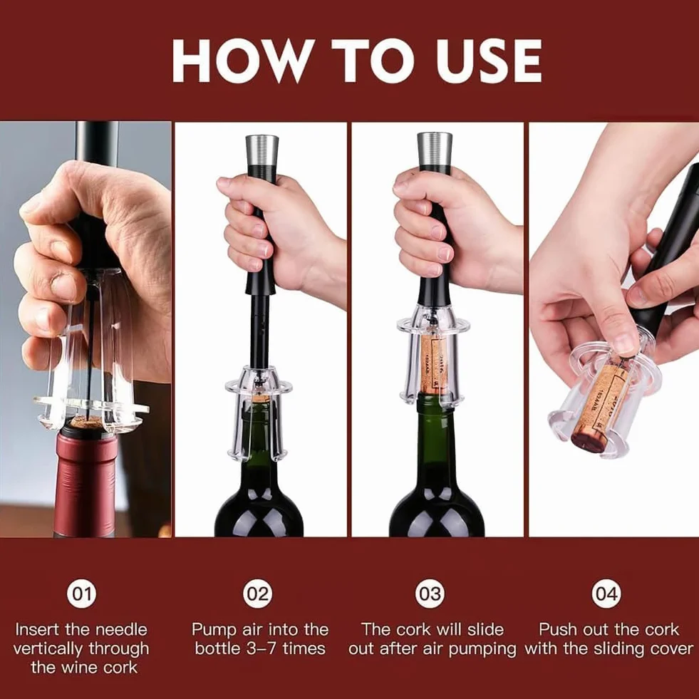 MIRACLEW Wine Opener, Air Pump Cork Remover Wine Bottle Opener Set, Miracle Air Pressure Wine Opener Set, with Bottle Opener, Vacuum Stopper, Wine Pourer, Paper Cutter (Silver)