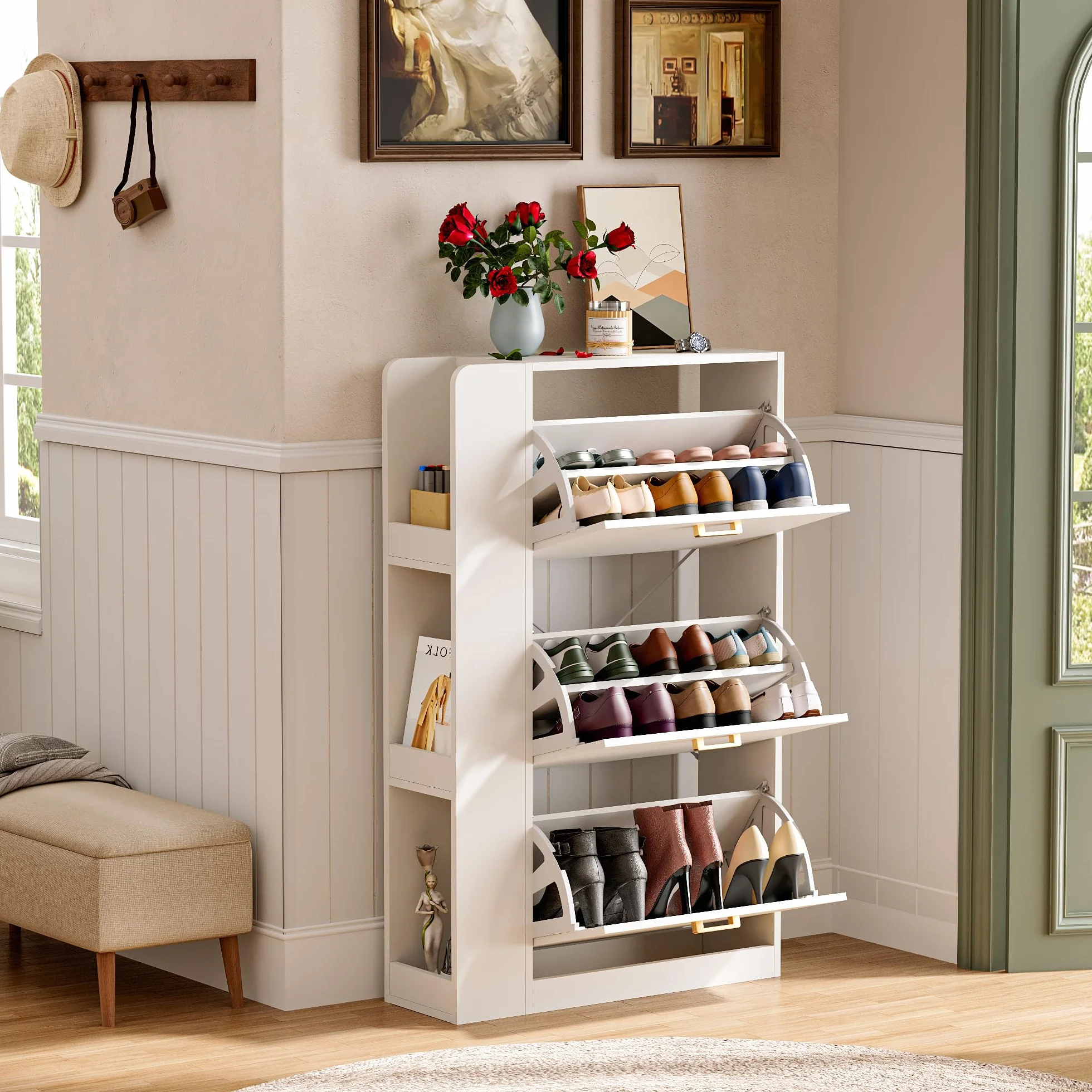 Mueble Zapatero 3 Puertas Zapatero Estrecho con 3 Compartimentos para 18-24 Pares de Zapatos, Armarios Zapatos para Sala de Estar, Pasillo de Entrada, 73,5x24x118cm Blanco
