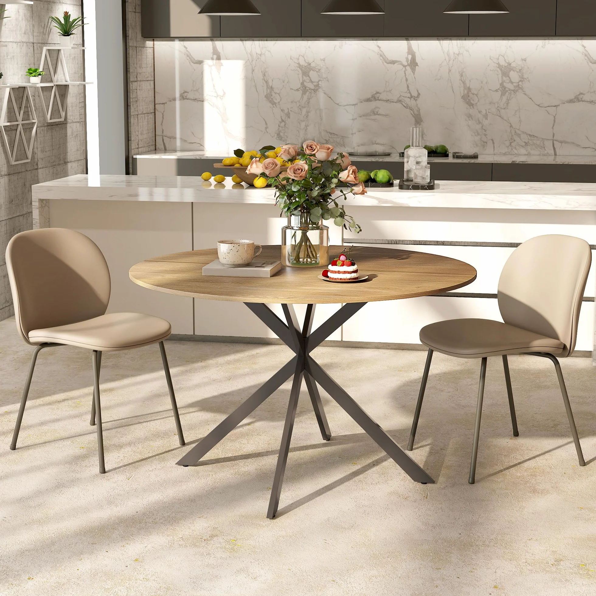 HOMCOM Mesa de Comedor Redonda para 4 Personas, Ø120x75 cm, Mesa de Cocina Industrial con Estructura de Acero, Roble