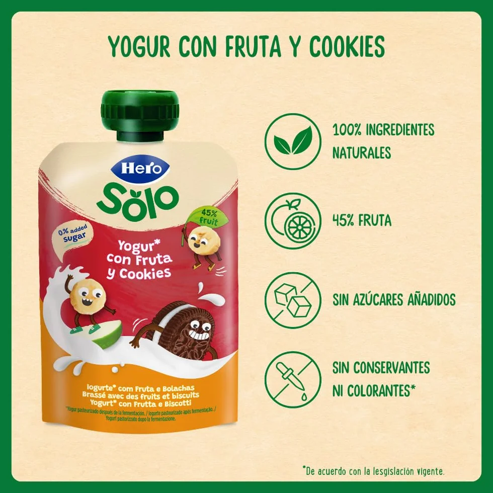 Hero Solo Mi Merienda Bolsitas de Yogurín Griego con Zumos de Fruta y Cookies 18 x 100 g