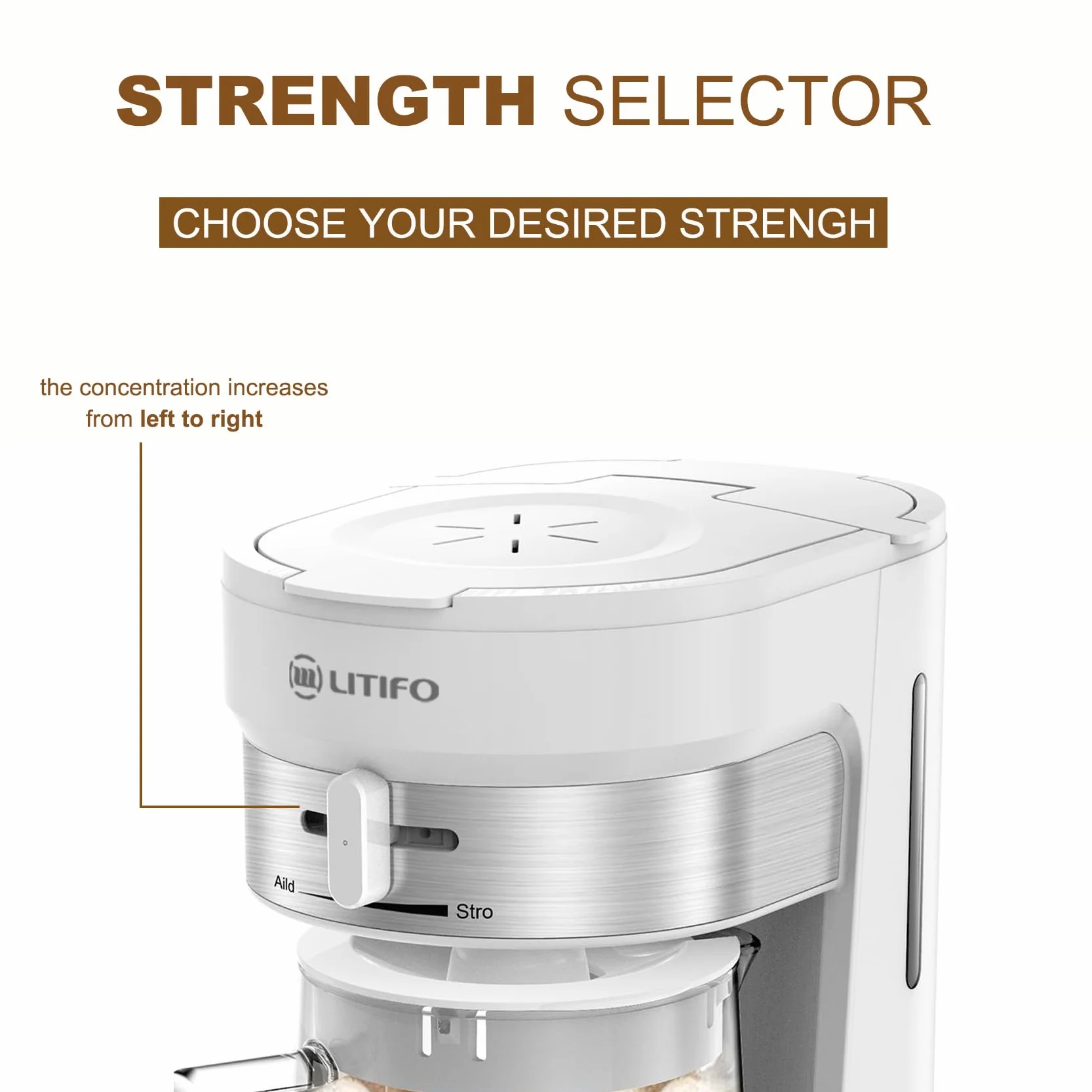 LITIFO - Máquina de té helado y cafetera helada con jarra de 2.5 cuartos de galón, selector de fuerza deslizante para personalización del sabor, acero inoxidable (blanco)