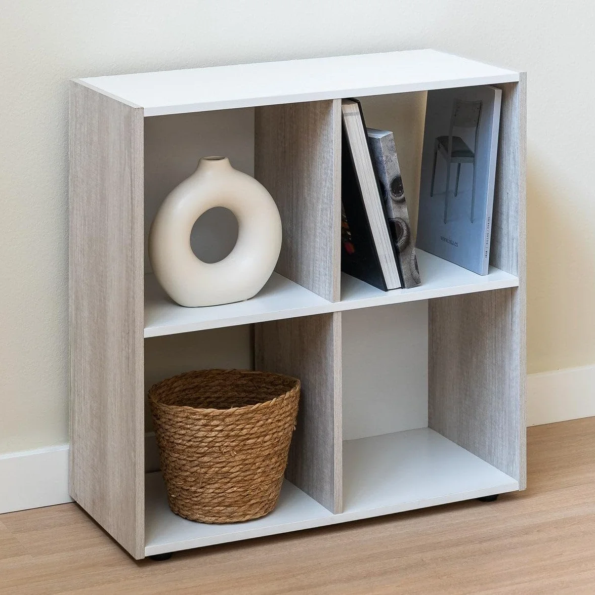 Estantería librería Cubo de 4 Huecos y 2 Niveles Madera Beige y Blanca 62x60x29 cm Mueble para Salón Oficina