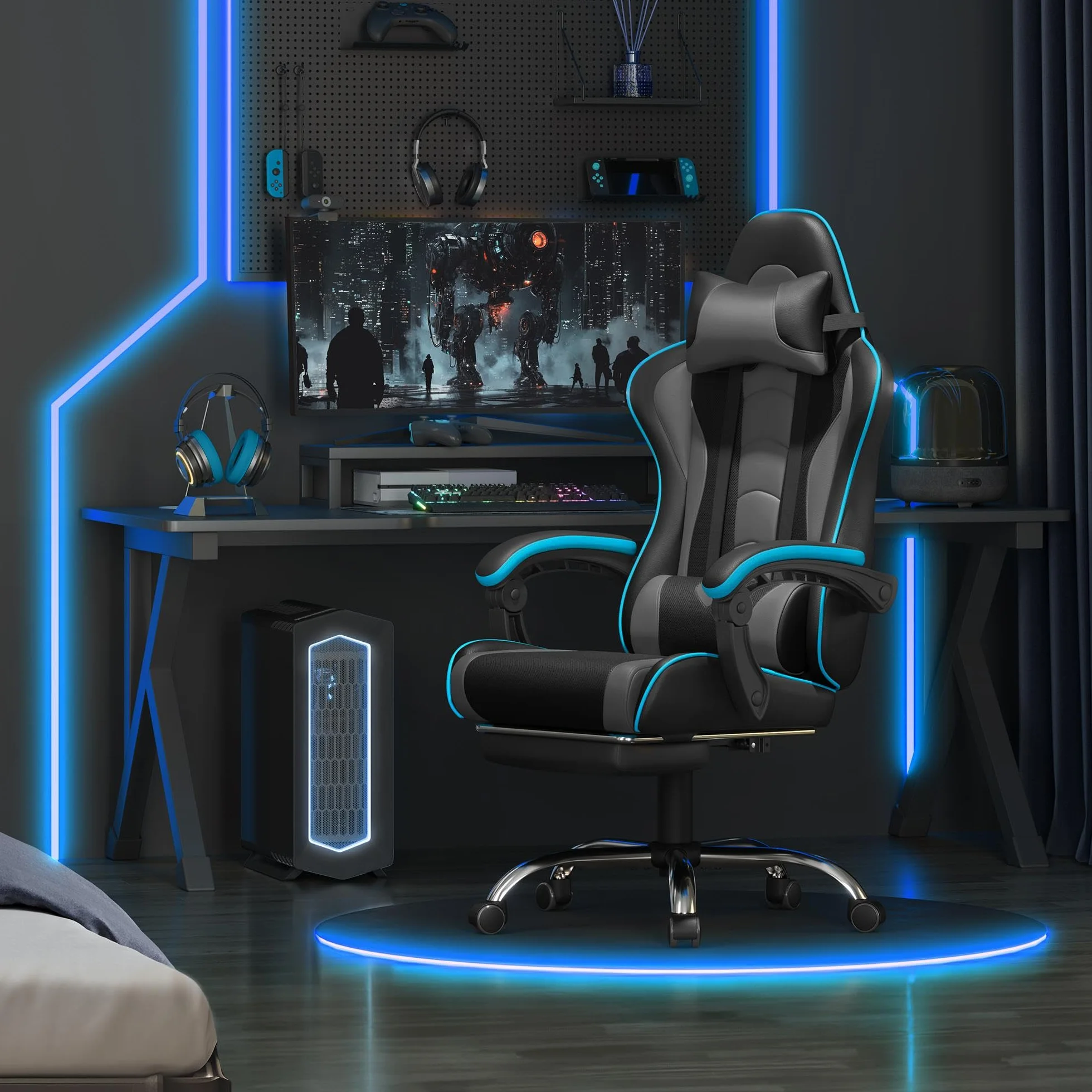Yaheetech Silla de Oficina Ergonómica con Reposapies y Soporte Lumbar 136 KG Negro y Gris