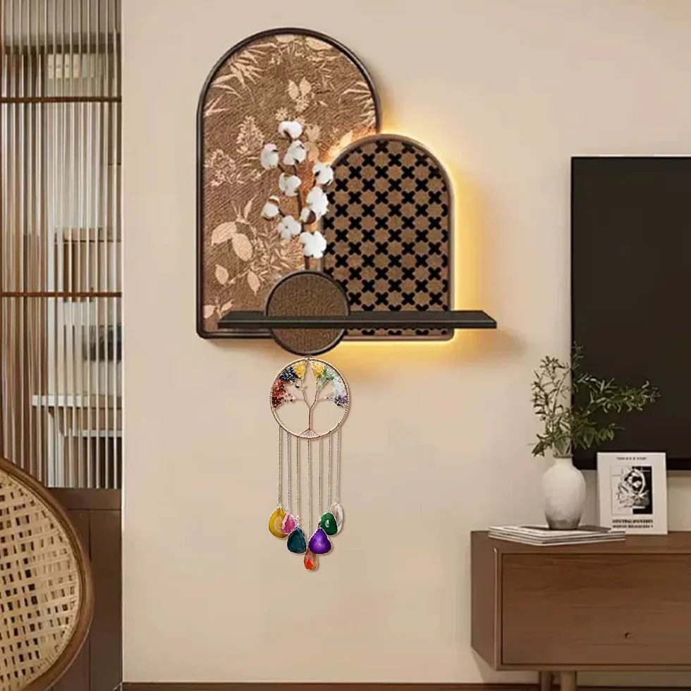 7 Chakra Campana de viento Árbol de la vida de discos de ágata natural, campana de viento de cristal hecha a mano para exterior e interior, decoración de pared con piedras preciosas.