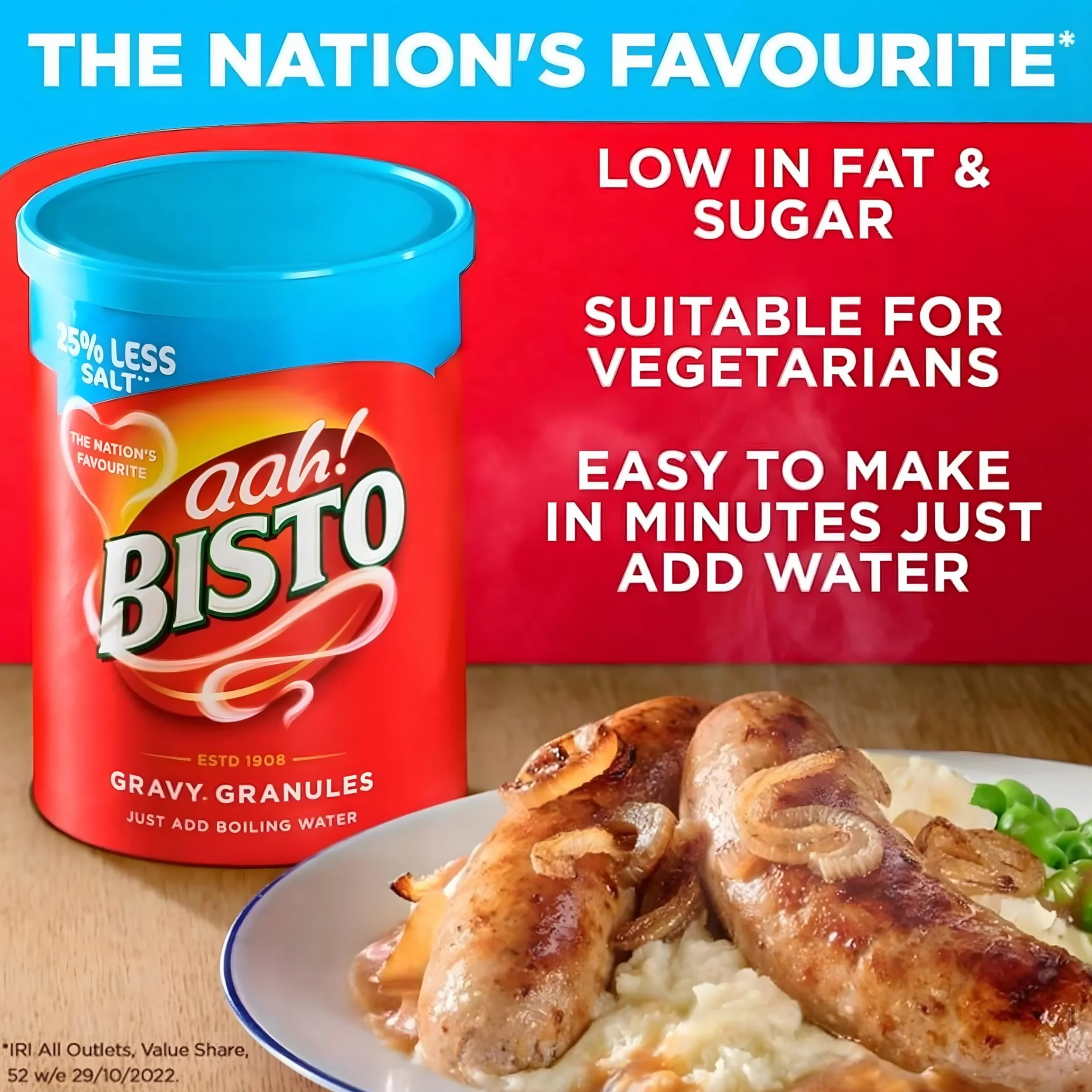 Bisto Gravy Granules 25% Less Salt 190g Salsa Inglesa Instantánea Tradicional para Carne y Asados
