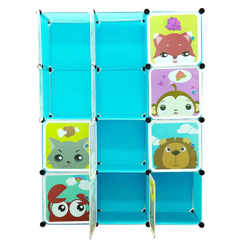 Mueble de almacenamiento infantil con 12 cubos armario modular ABS 111x37x147 cm azul