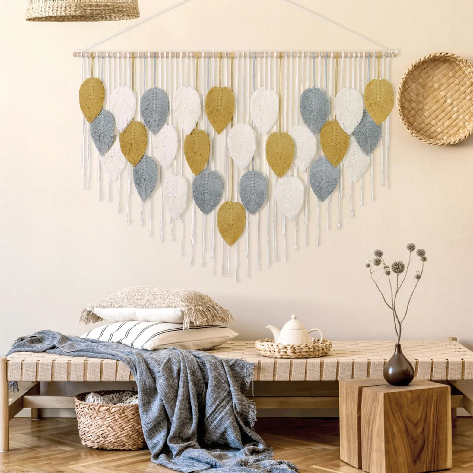 Macramé Tapiz Grande Tejido Boho Hoja Decoración de Pared 130 cm Amarillo