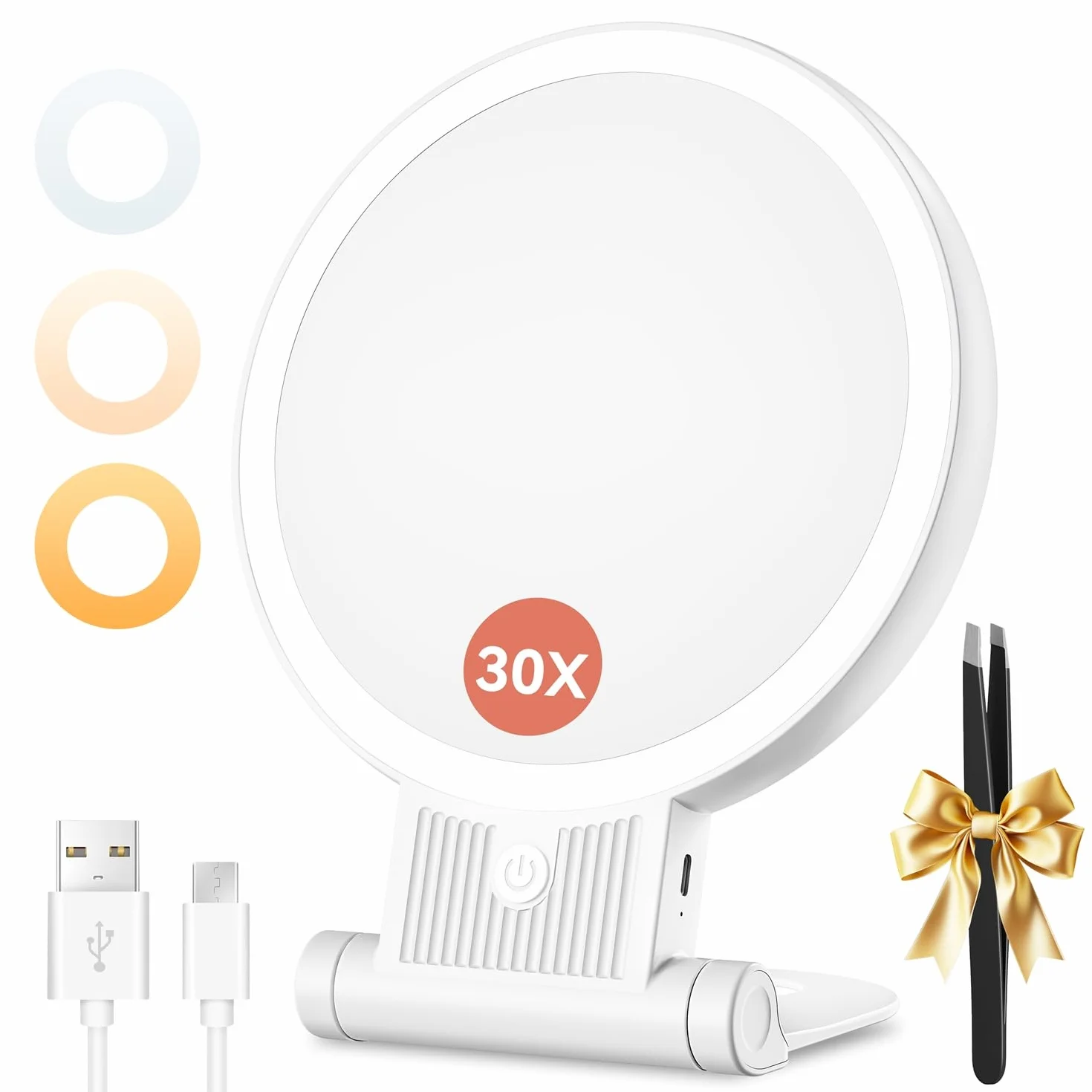 Espejo Maquillaje con Luz LED 30X/1X Aumento Doble Cara 72 Leds 3 Colores Regulable 2000mAh Recargable USB Colgable Pared Portátil Blanco