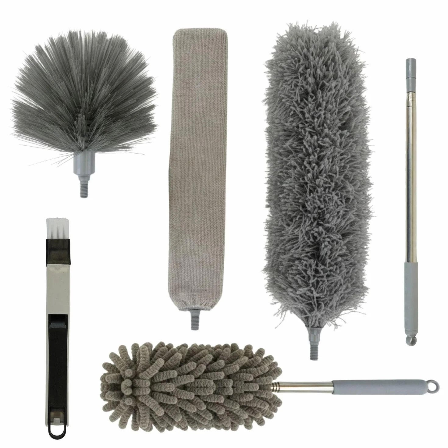 Plumero Atrapapolvo Extensible Microfibra 6 Piezas Lavables Kit Limpia Polvo Cepillo Ranuras Ventanas Puertas Gris