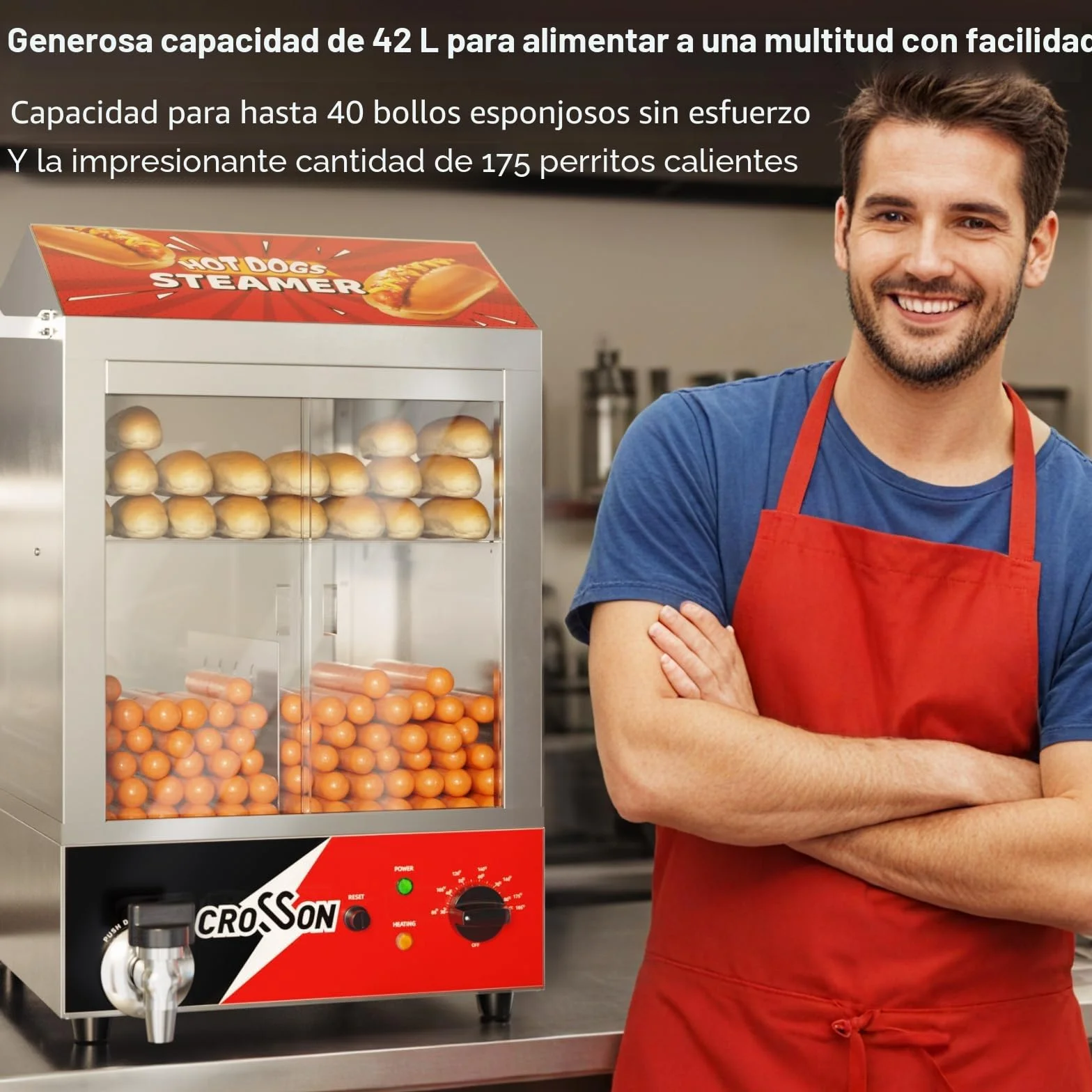 CROSSON Profesional Hot Dog Steamer 42L,1200W Hotdog Steamer Machine con bollo calentador de acero inoxidable gran capacidad 175 perros calientes y 50 rollos con puertas correderas