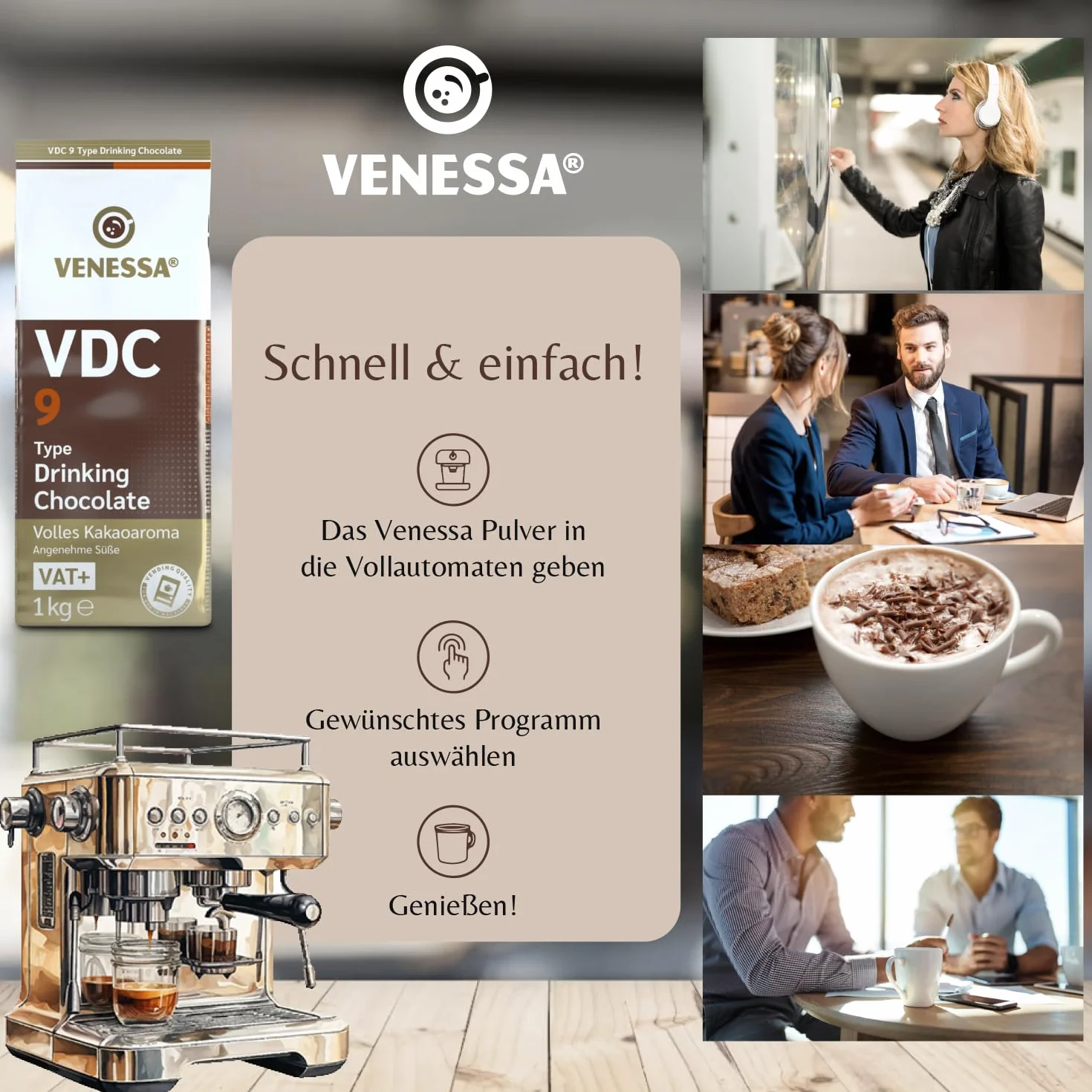 VENESSA VDC9 Chocolate para beber 2 x 1 kg Cacao en polvo 9% cacao premium Máquina expendedora