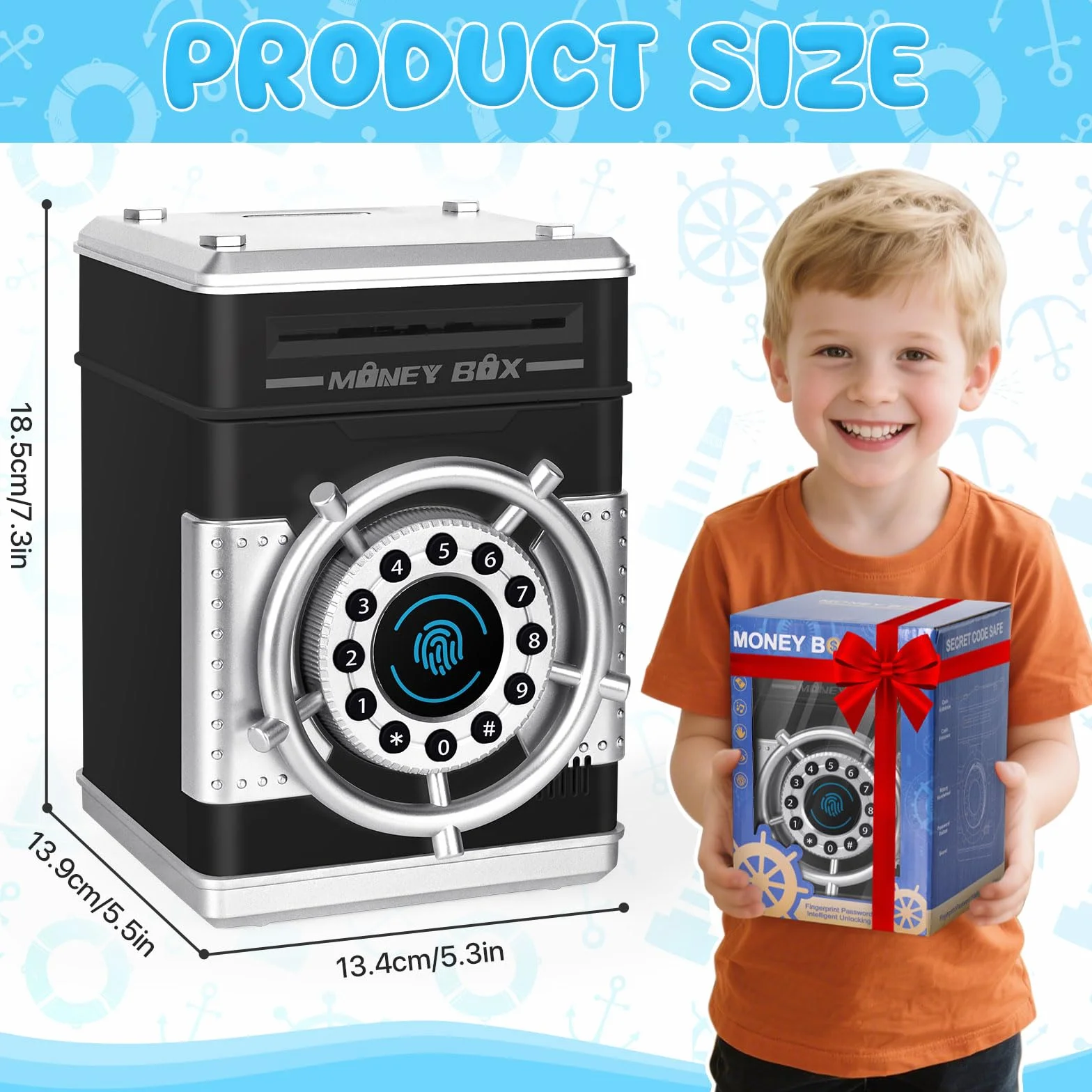 Yellcetoy Hucha Electrónica para Niños, Timón Caja Fuerte con Código de Seguridad y Música, Cumpleaños Navidad Regalos para Niño Niñas 3 4 5 6 7+ Años Negro