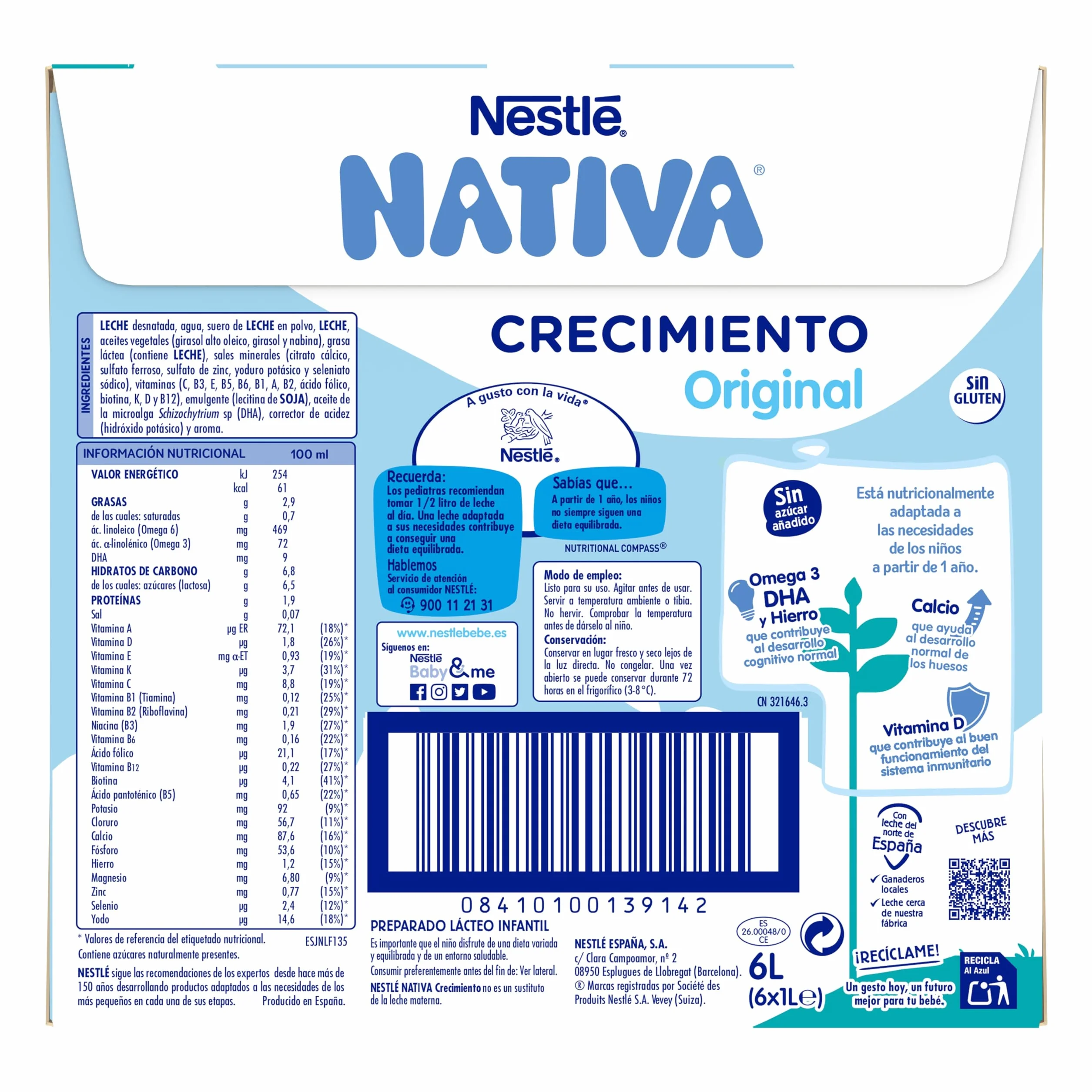 NESTLÉ NATIVA leche crecimiento líquida 3 Original sin azúcar añadido 6 bricks 1L