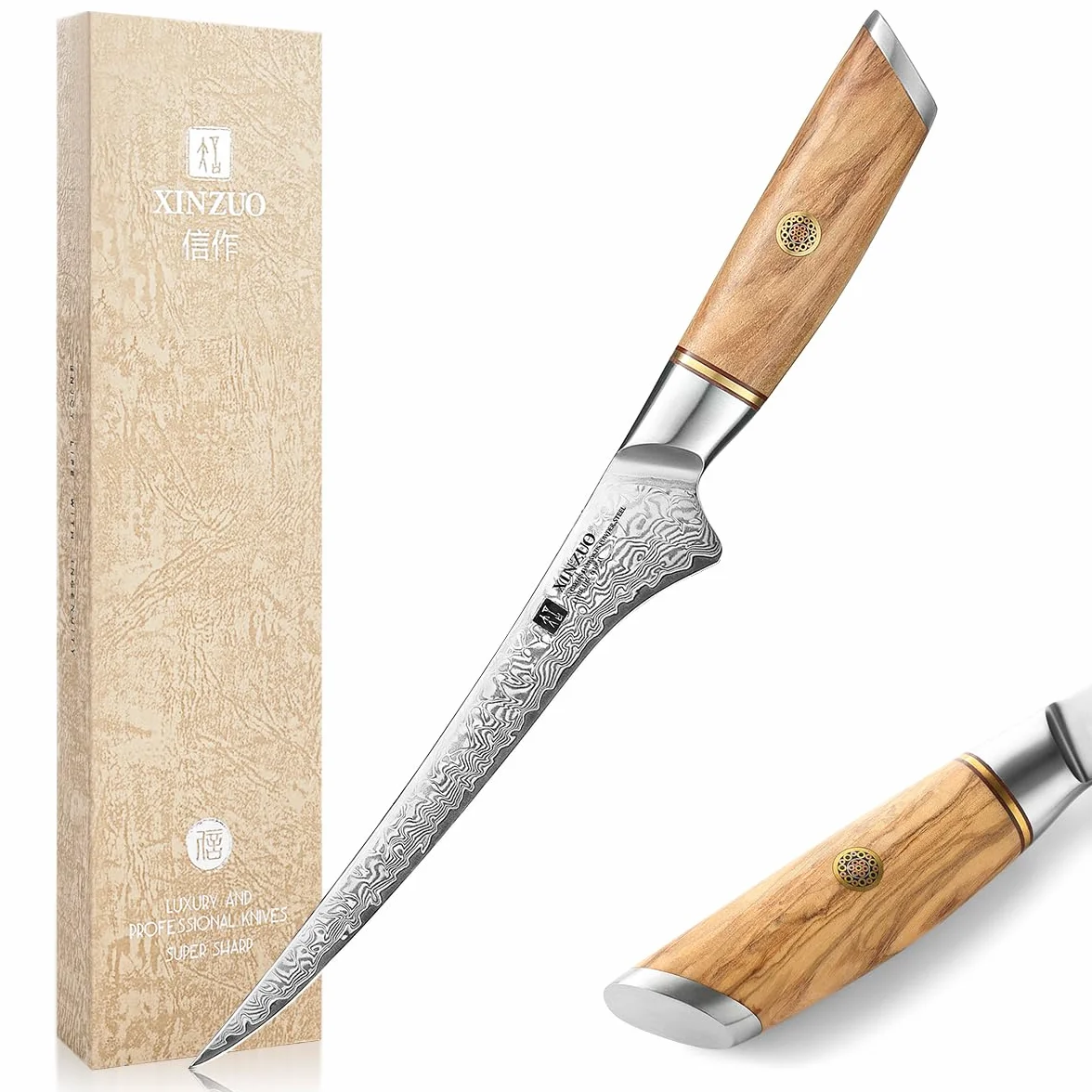 XINZUO Cuchillo de Filete 17,8cm Acero Damasco 73 Capas Mango Olivo