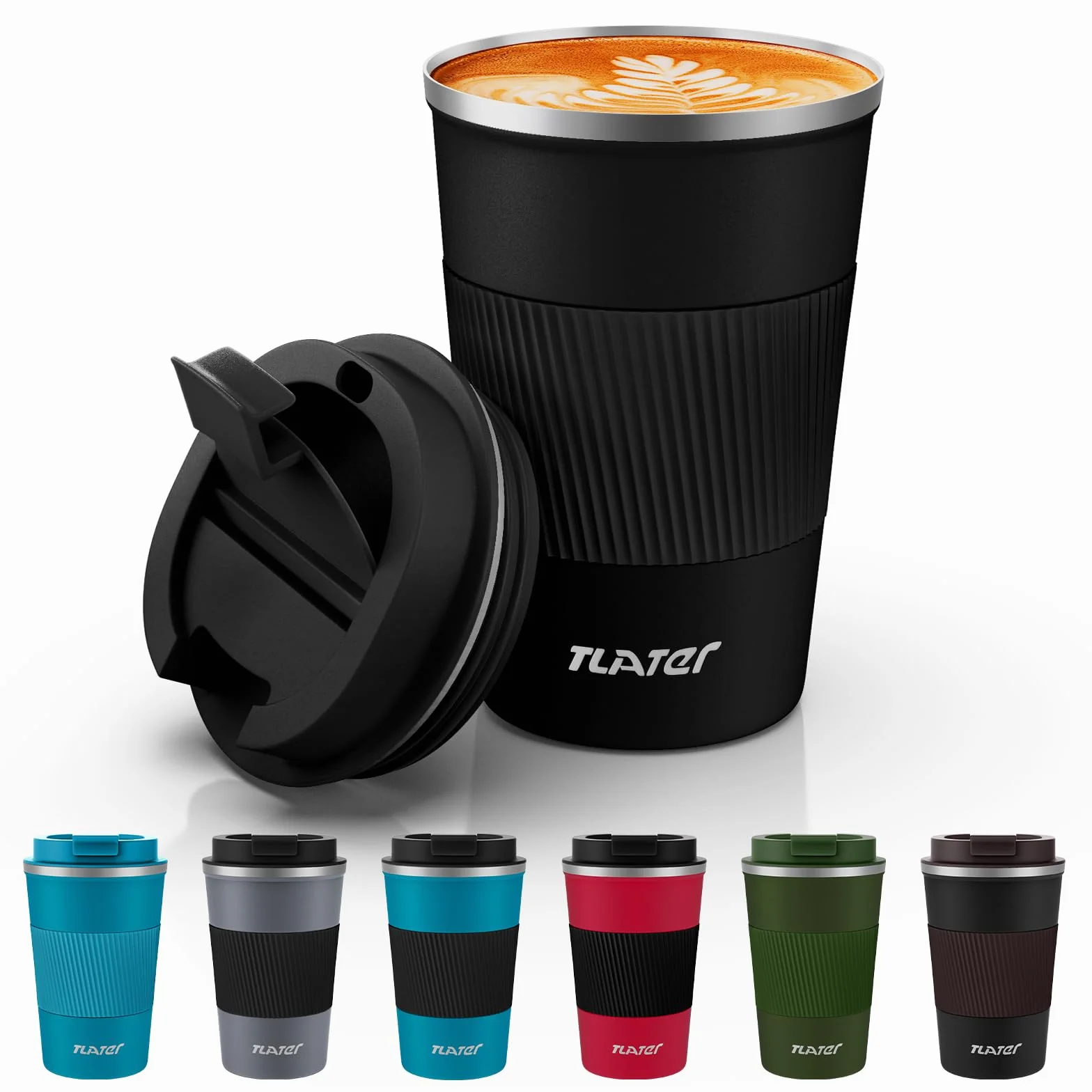 Tlater Taza de café para llevar, 380 ml, termo con tapa a prueba de fugas, vaso de viaje de doble pared, de acero inoxidable, taza de viaje para café y té (negro)