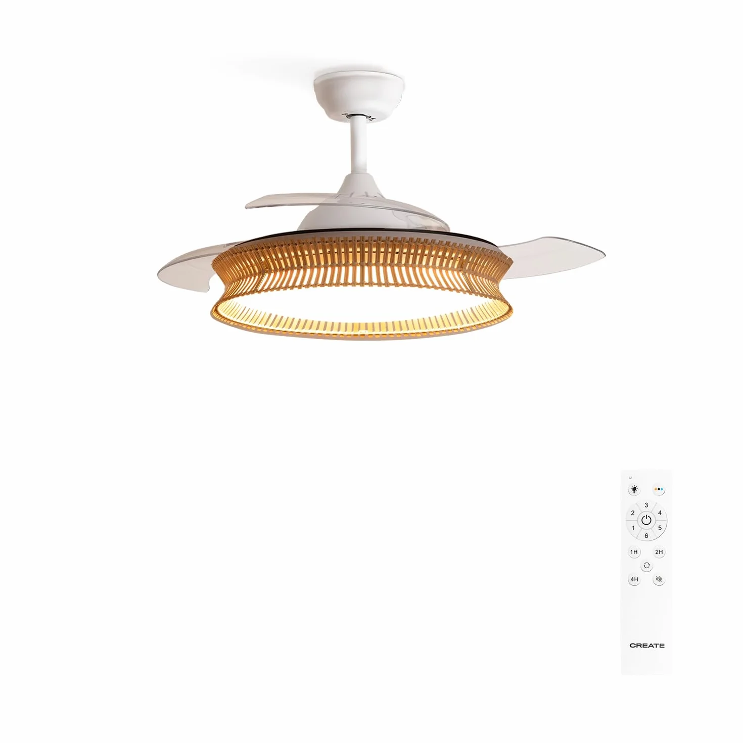 CREATE / WIND CLEAR/Ventilador de techo con luz blanco y mimbre nudo con mando / 40W, Ø108 cm, 6 velocidades, aspas retráctiles, 3 temperaturas de luz, función verano-invierno
