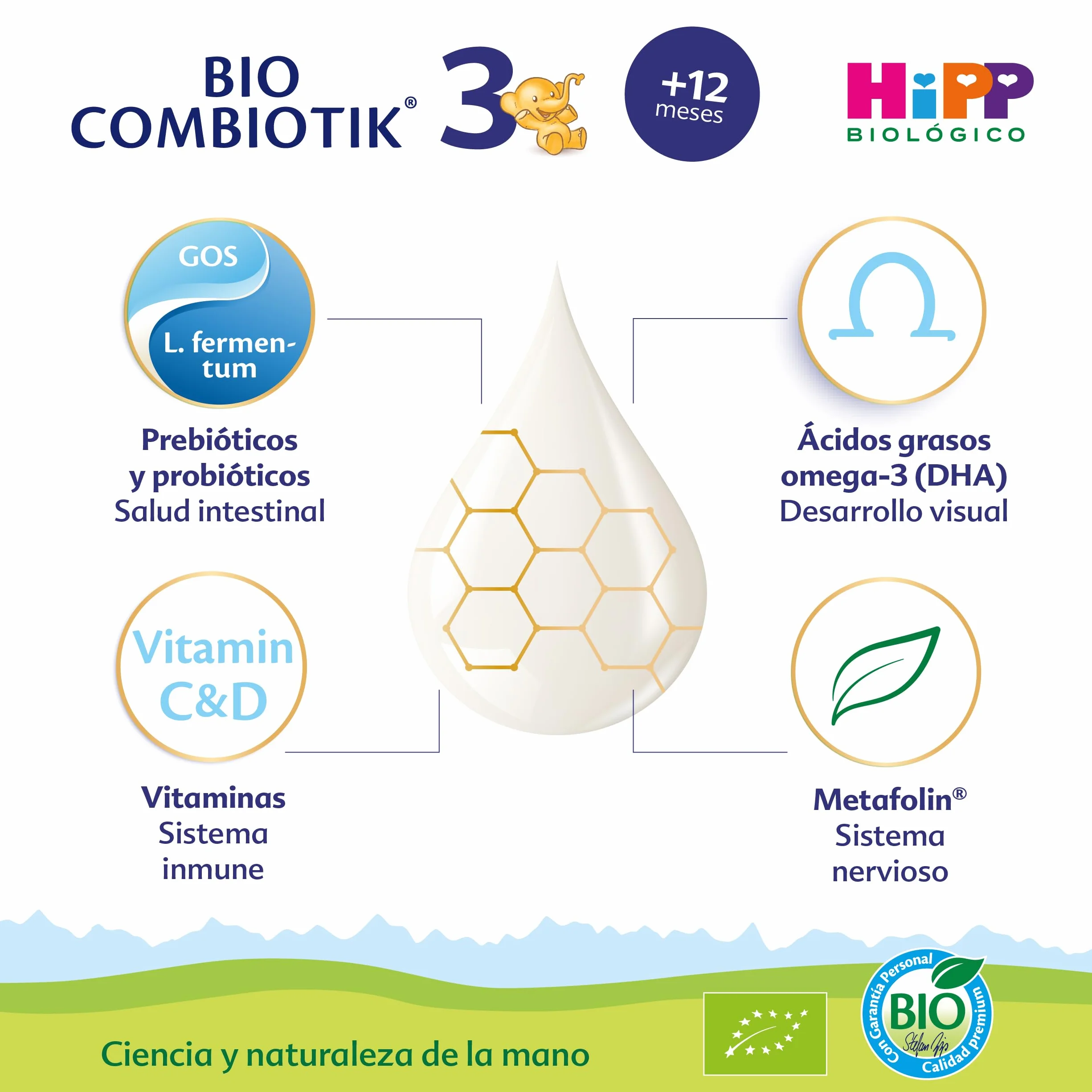 HiPP Combiotik 3 Leche para bebés Ecológica 800 gr BIO a partir 12 meses con Lactosa Omega-3 Prebióticos Vitaminas C y D Sin GMO