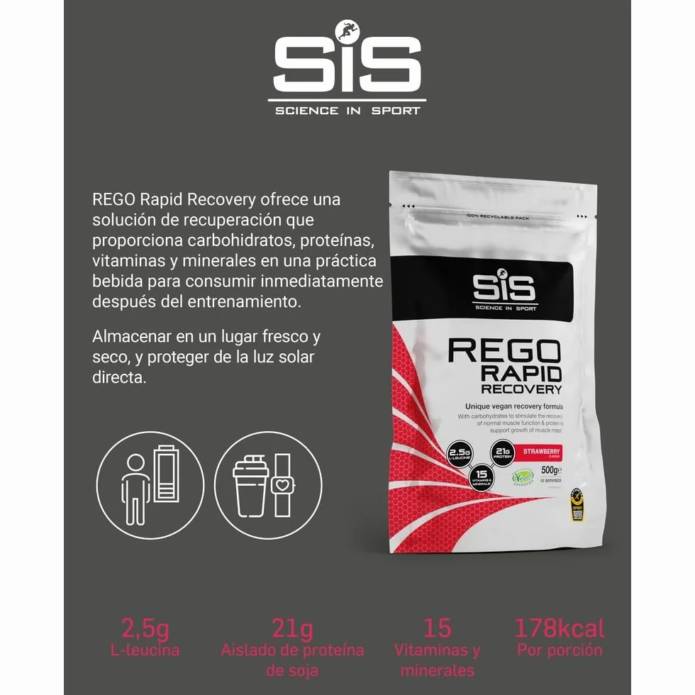 Science in Sport Rego Rapid Recovery 500g Fresa Vegan Bebida regeneradora en polvo con carbohidratos, proteínas, electrolitos, vitaminas y minerales