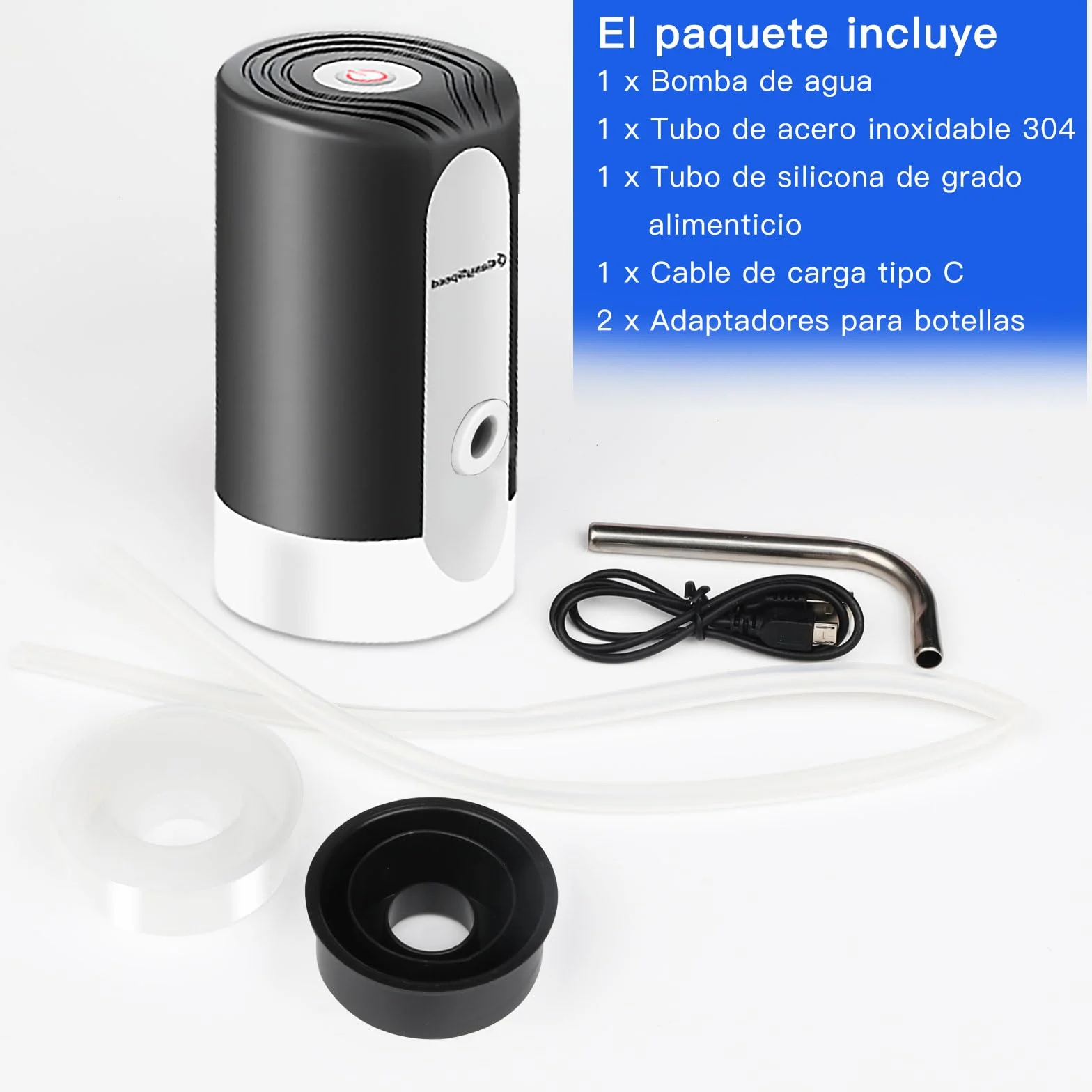 EASYSPEED Dispensador de Agua eléctrica USB-C, Bomba automática portátil con 2 adaptadores para Botellas y garrafas de 5, 8, 10, 15 y 20 litros, 1200mAh para Camping Oficina Gimnasio, Negro