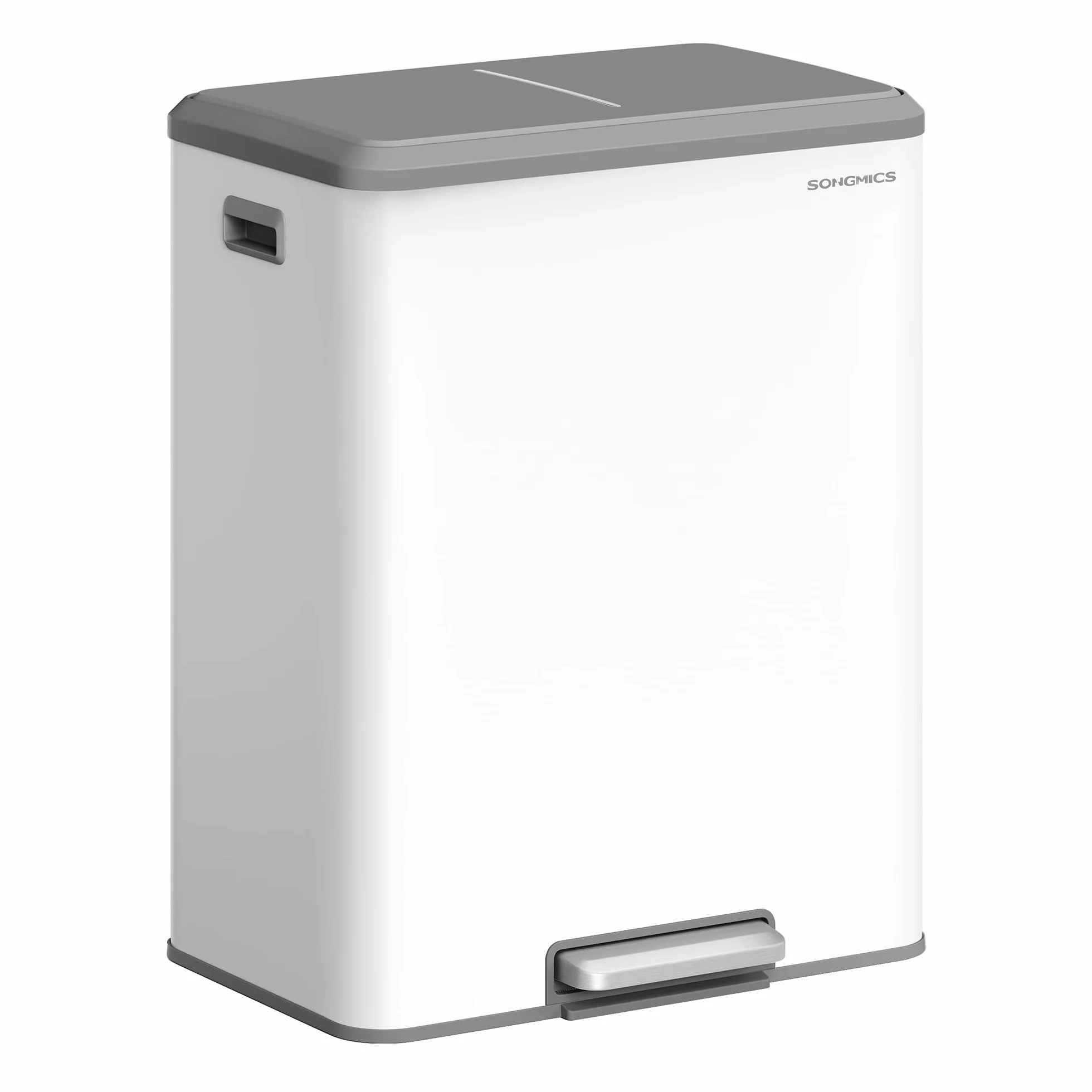 SONGMICS Papelera de Cocina, 2 x 30 L Cubo Doble para Reciclaje y Basura, Cubos Interiores, Acero, Tapa de Cierre Suave, Pedal Ancho y Robusto, Blanco Nube LTB556W02
