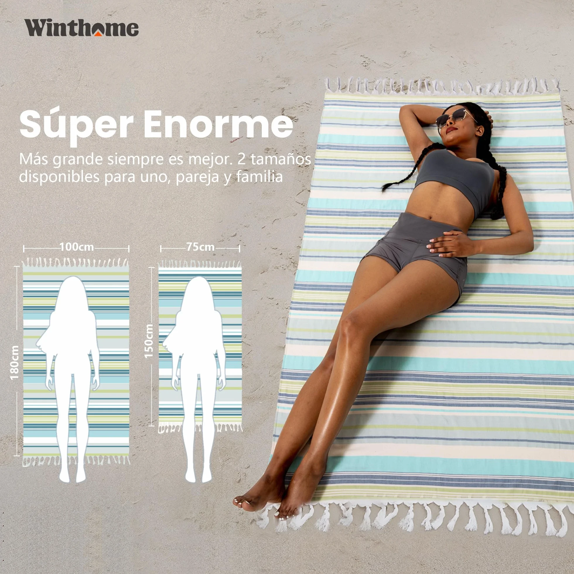 Winthome Toalla Playa Suave-Toalla Hammam de Algodón de Bambú, Ligero Ahorra Espacio, Toalla de Baño Turco con Borlas Absorbente, Libre de Arena, para Mujer Hombre Niños (150x75cm,1 Pack)