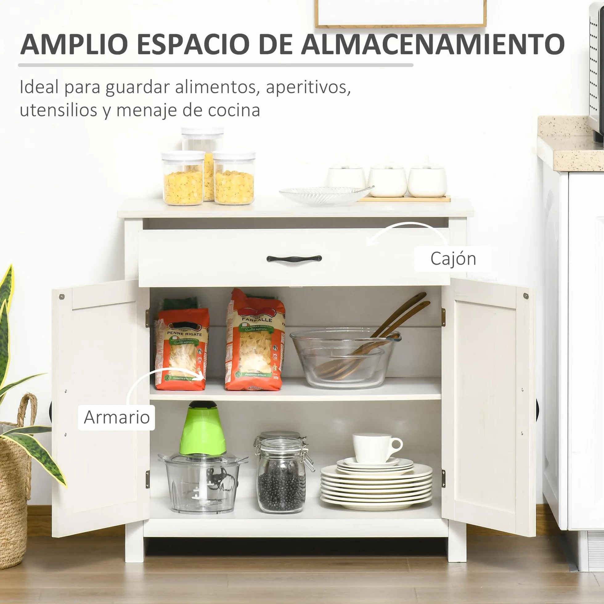 HOMCOM Aparador de Cocina Buffet para Salón con 1 Cajón 2 Puertas y Estante Interior Ajustable Mueble Auxiliar Decorativo para Comedor 80x39,7x80 cm Blanco Lavado
