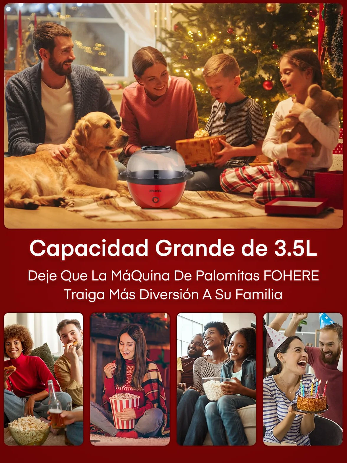 FOHERE Máquina de Palomitas Casera 3,5 Litros Antiadherente Agitación Automática