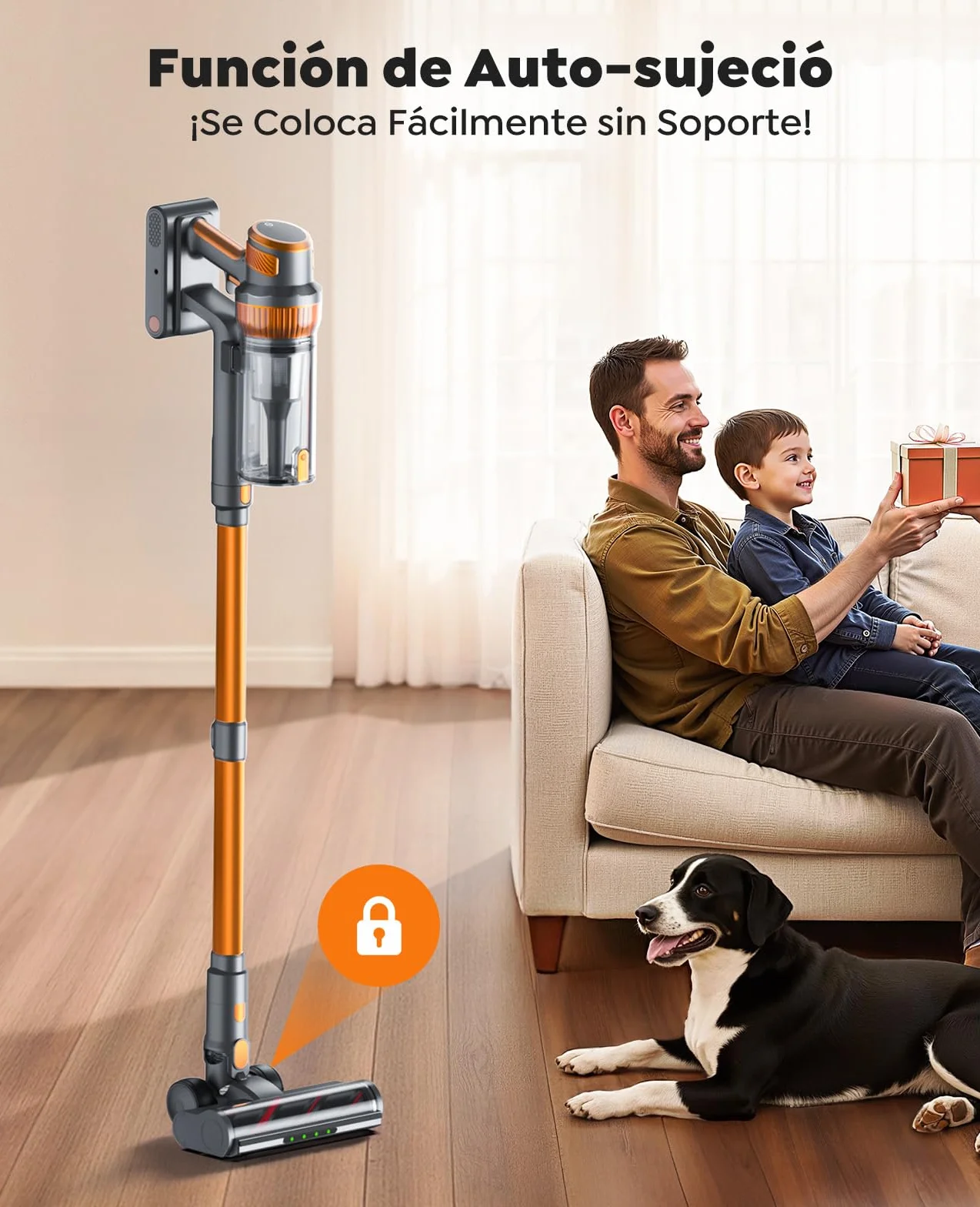 SMOTURE Aspiradora sin Cable 50KPA/600W/65Min, Aspirador Escoba con Manguera de 1M, Cepillo Anti-Enredo con Luz, Modo Automático, Base de Carga de Pared, para Pelo de Mascota/Suelos/Alfombras/Coche