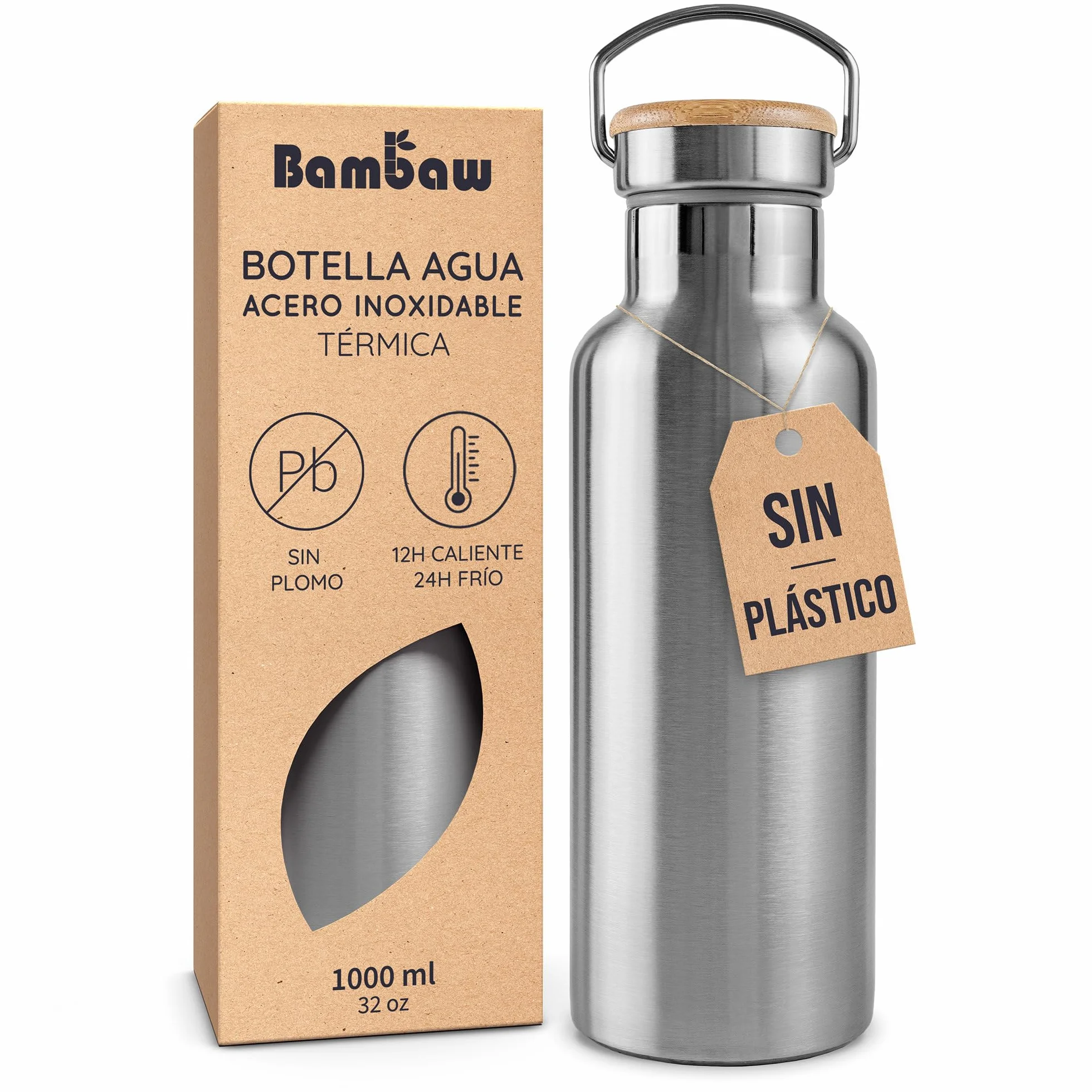 Bambaw Botella Acero Inoxidable 1 Litro Termica Mantiene Bebidas Frías 24h Calientes 12h Metálica Isotermica con Asa