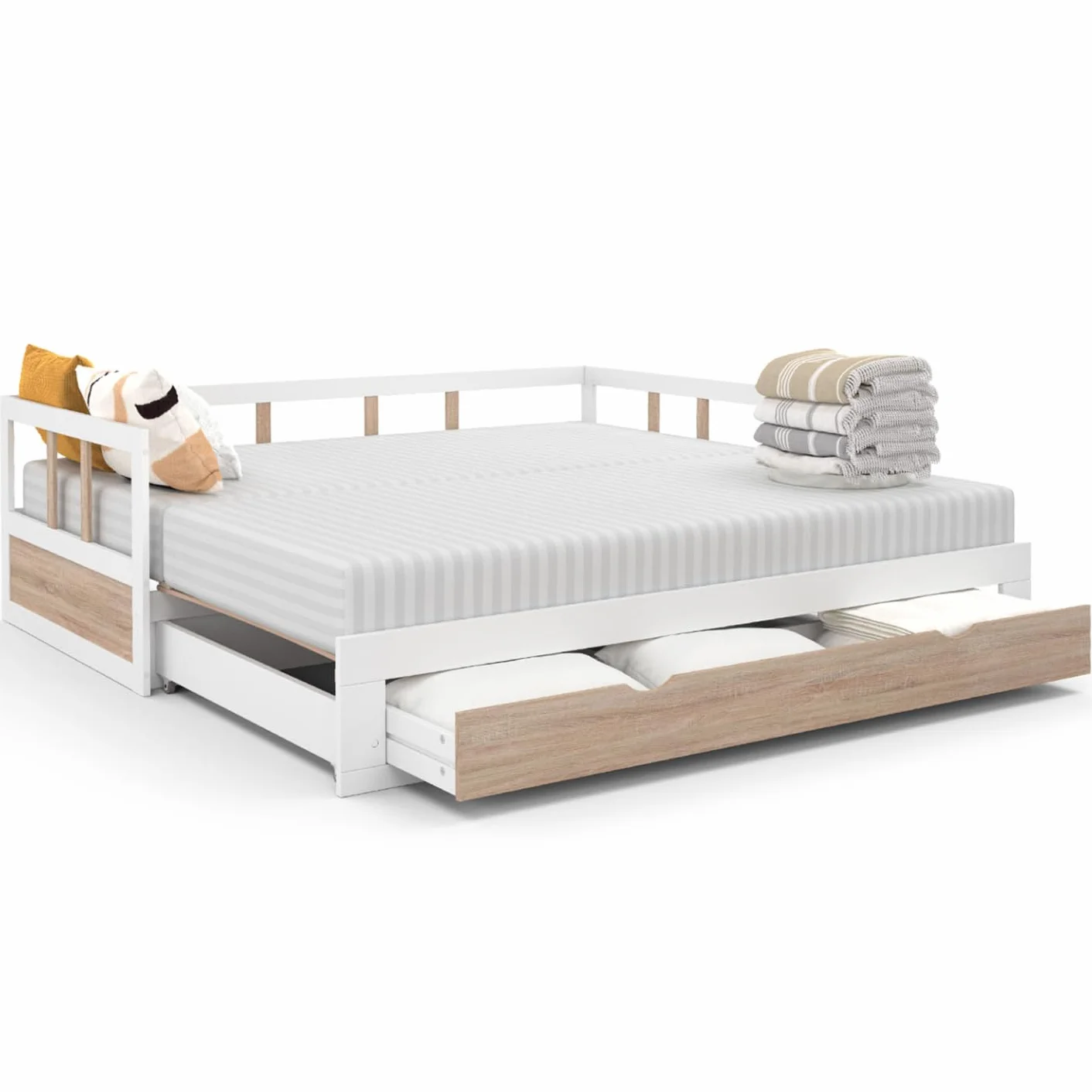 IDMarket - Cama tapizada 90 x 190 cm Zoya desplegable, 180 x 190 cm, Blanco y haya con 1 cajón